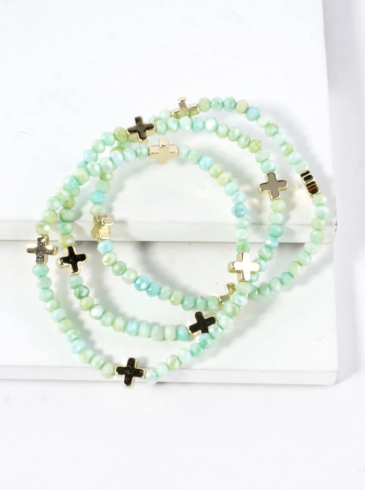 3-PC Set Faceted Glass Cross Stretch Bracelets