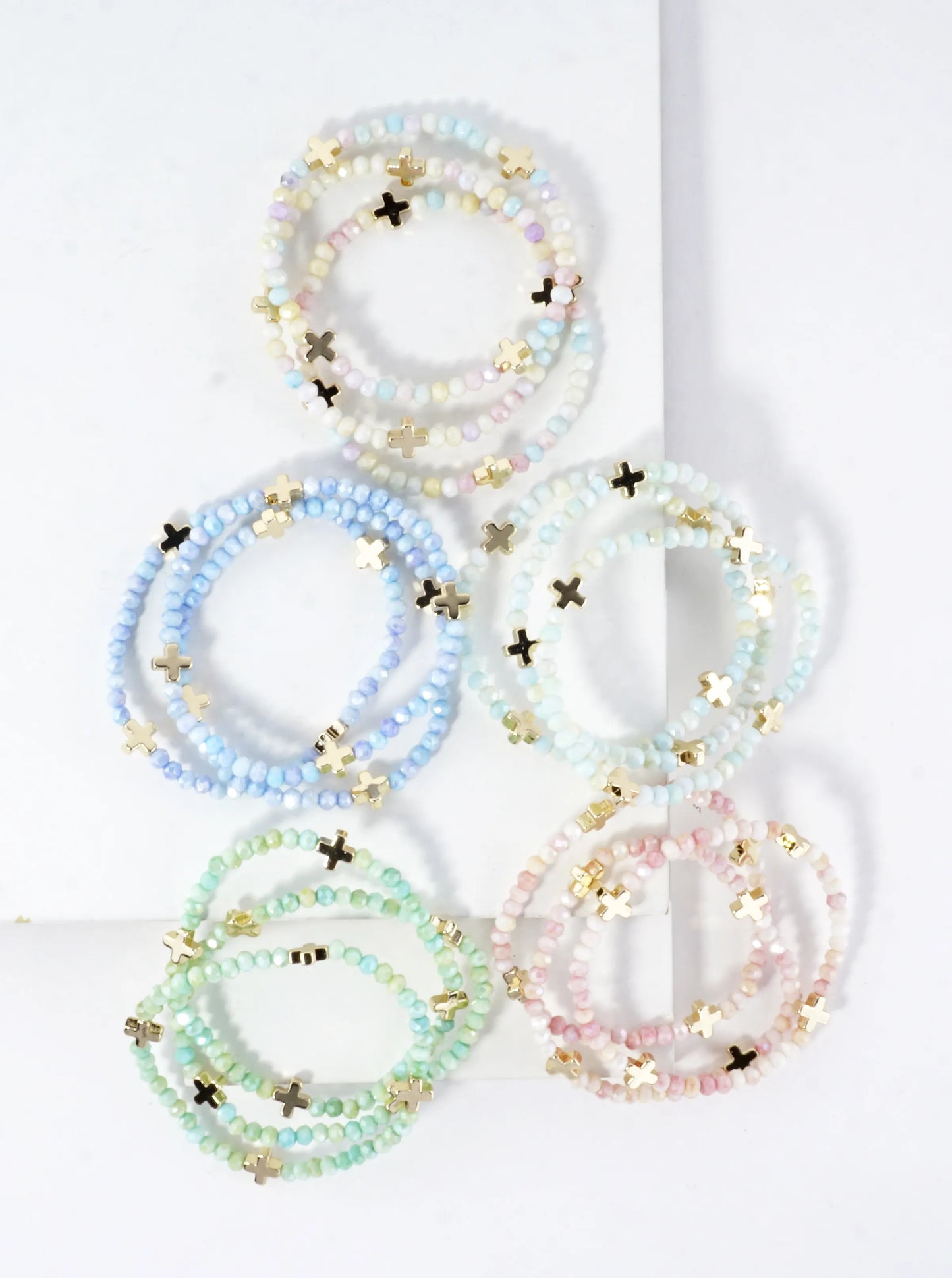 3-PC Set Faceted Glass Cross Stretch Bracelets