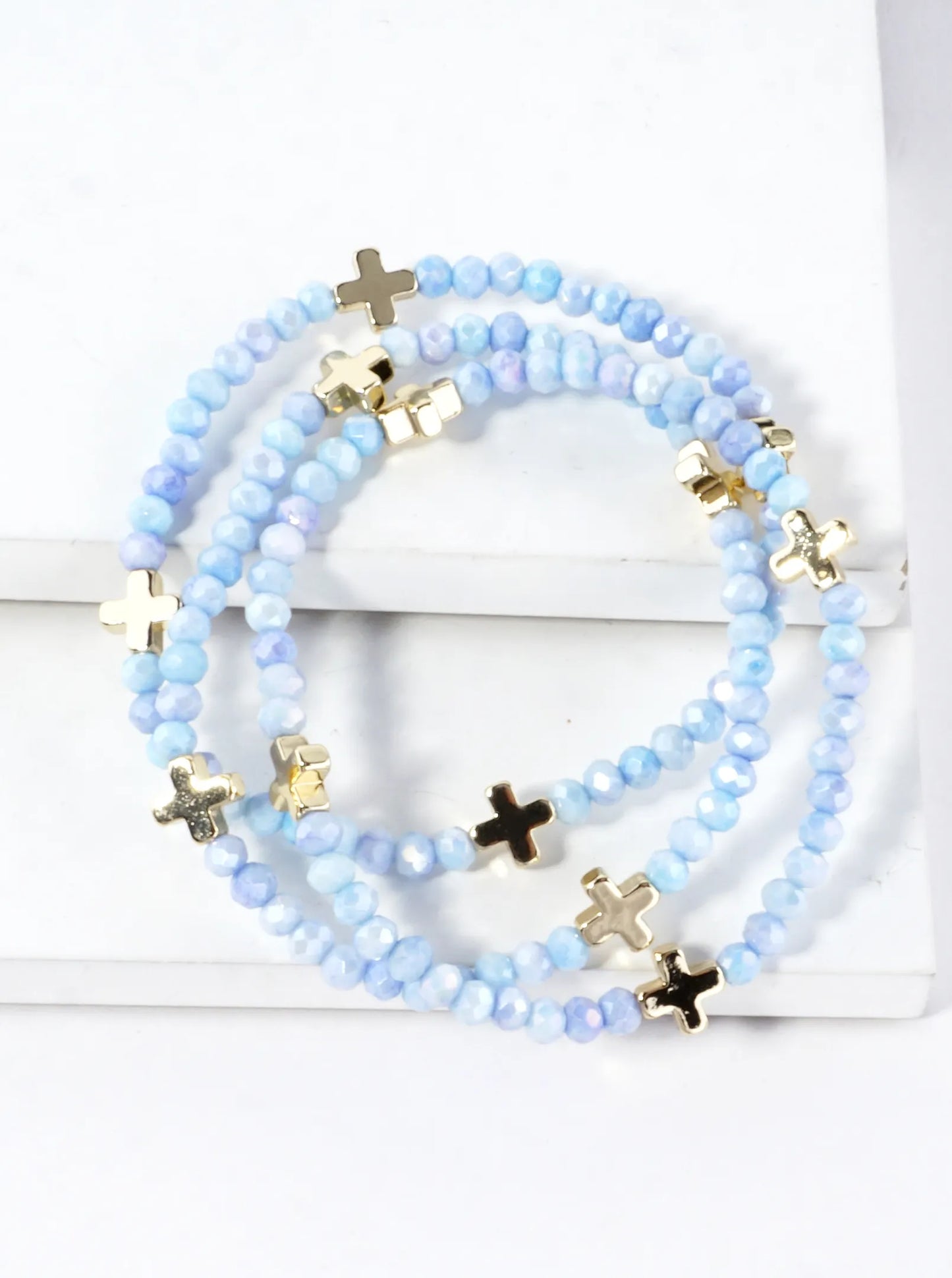 3-PC Set Faceted Glass Cross Stretch Bracelets