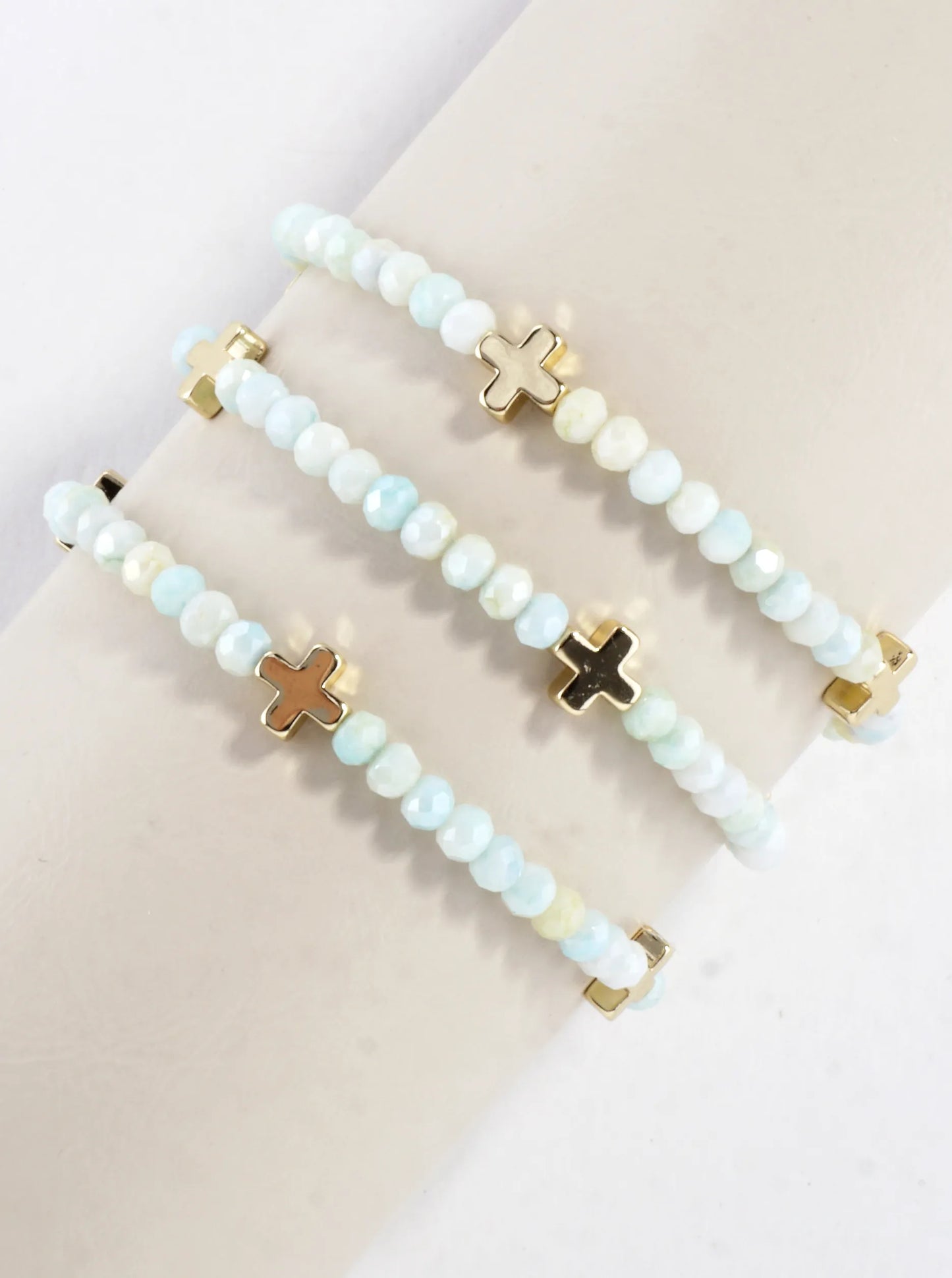 3-PC Set Faceted Glass Cross Stretch Bracelets