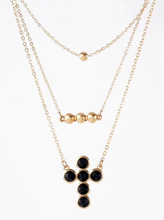 3-PC-Set Faceted Semi-Precious Natural-Stone Cross Pendant Layered Necklace