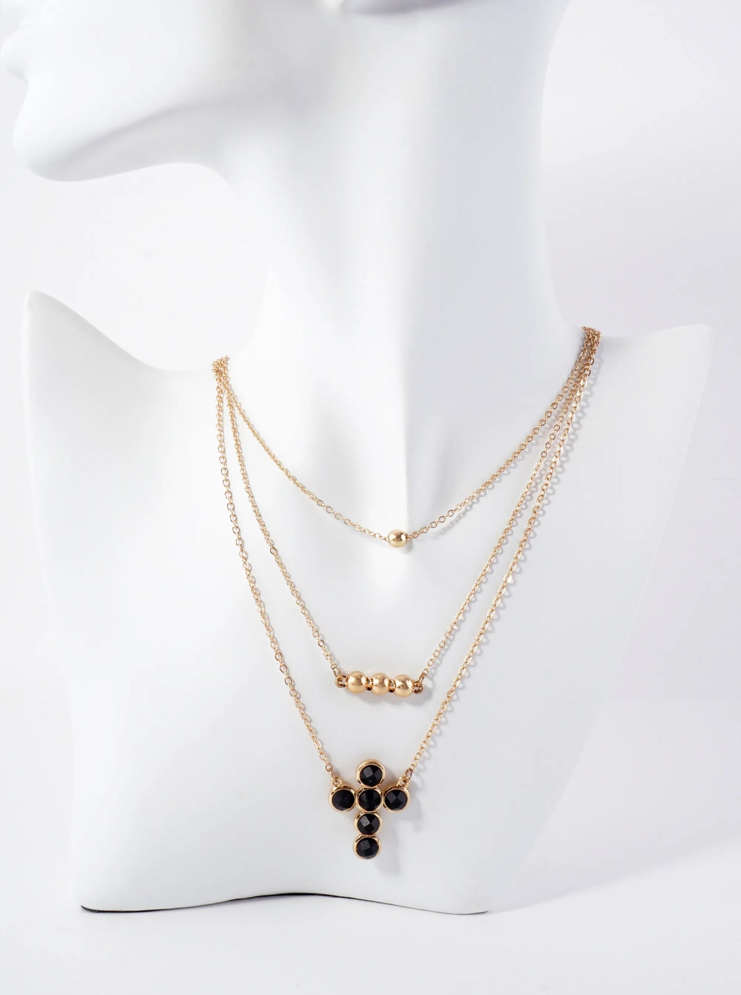 3-PC-Set Faceted Semi-Precious Natural-Stone Cross Pendant Layered Necklace