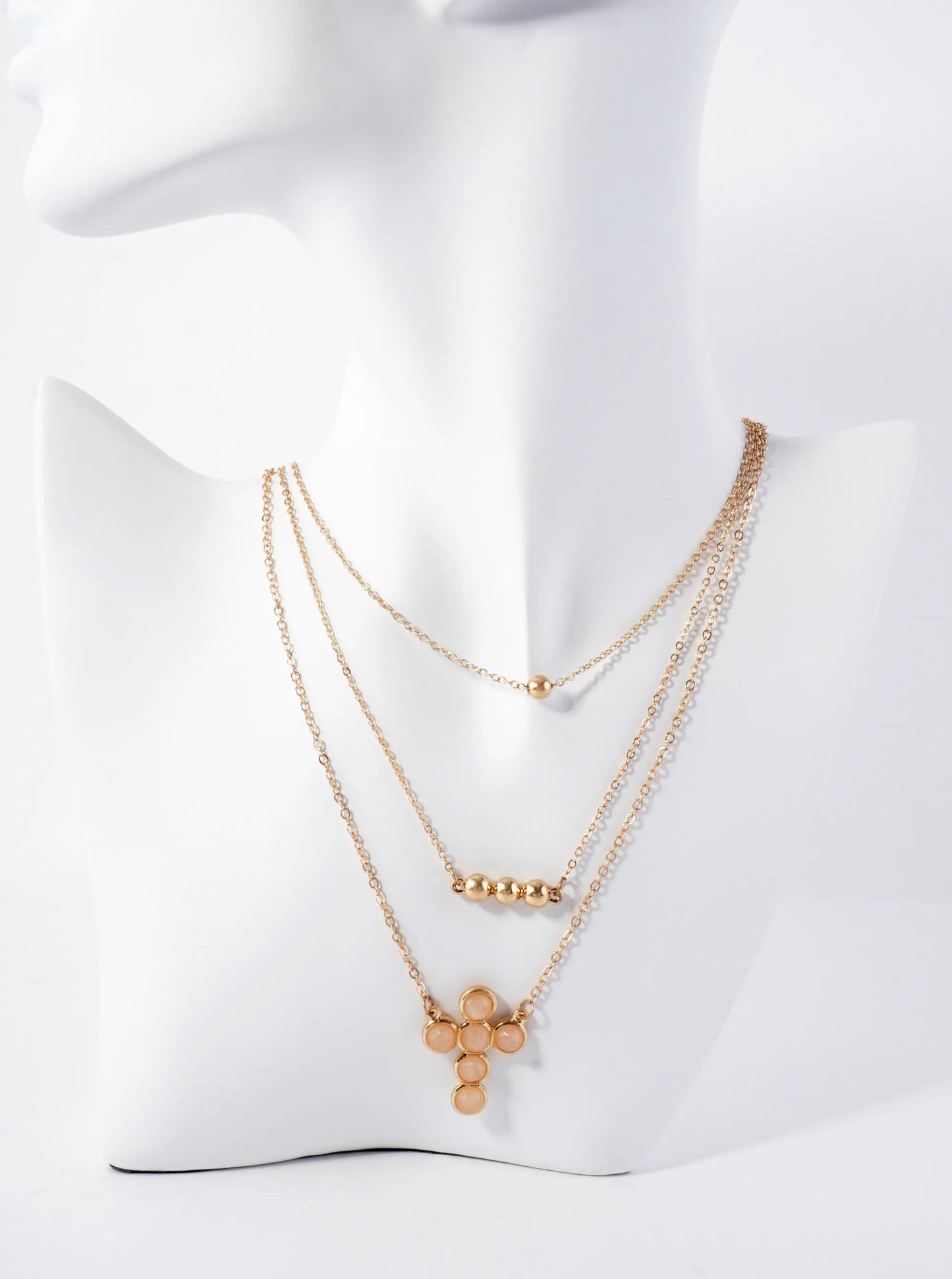 3-PC-Set Faceted Semi-Precious Natural-Stone Cross Pendant Layered Necklace