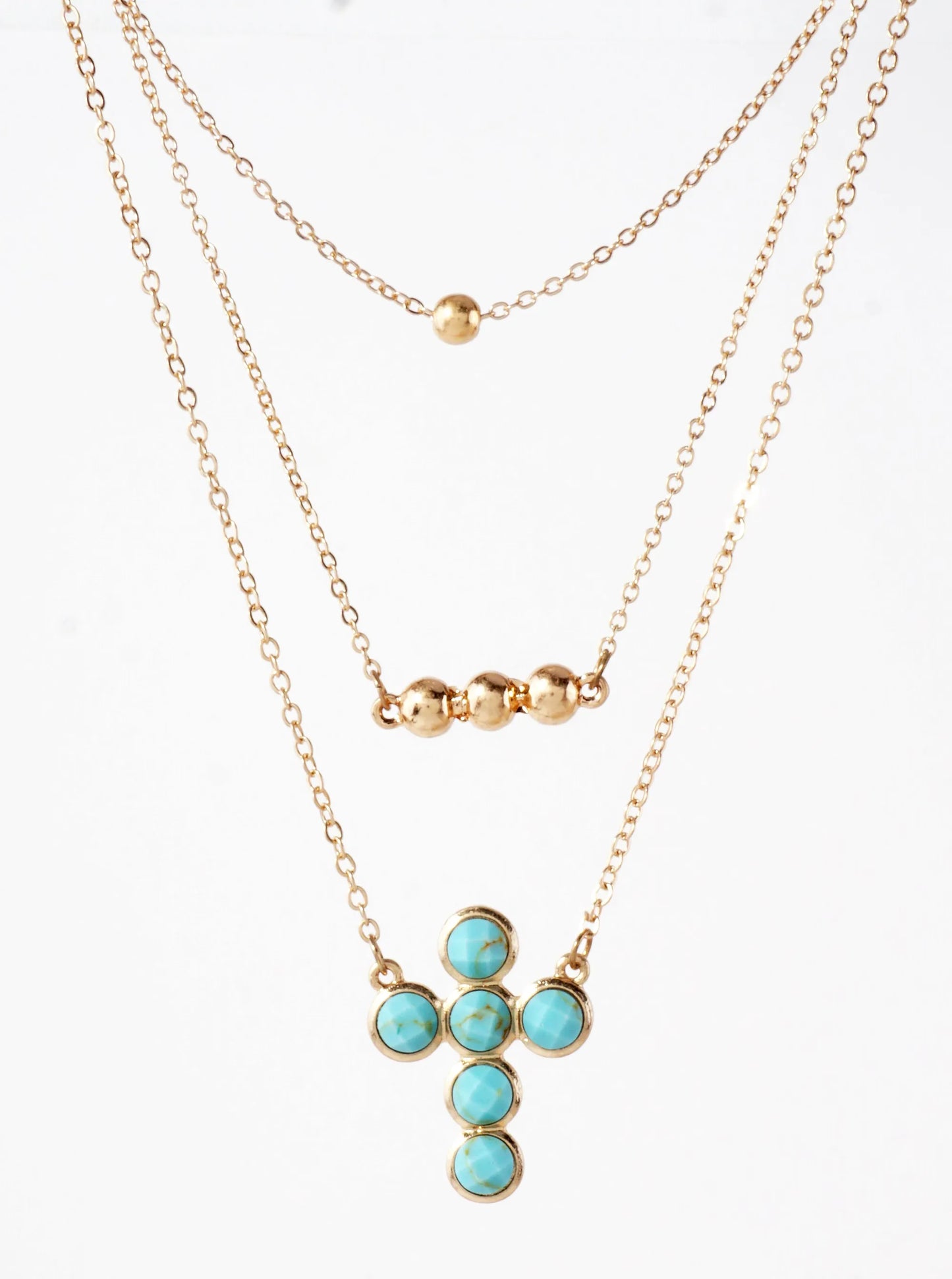 3-PC-Set Faceted Semi-Precious Natural-Stone Cross Pendant Layered Necklace