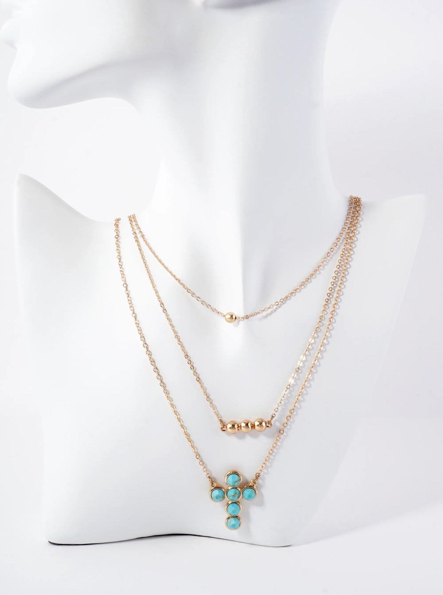 3-PC-Set Faceted Semi-Precious Natural-Stone Cross Pendant Layered Necklace