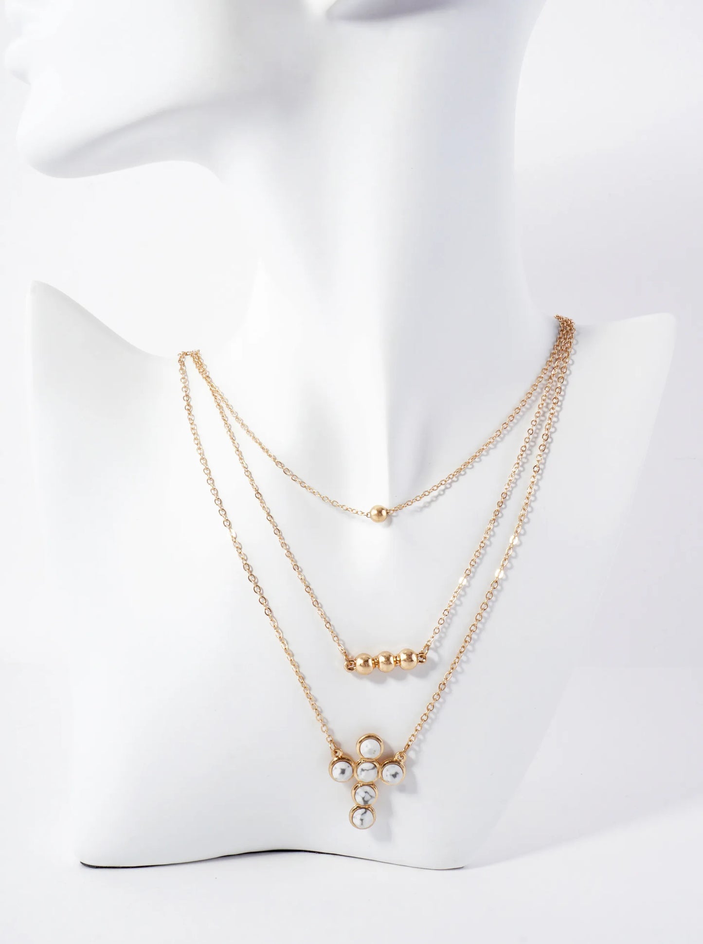 3-PC-Set Faceted Semi-Precious Natural-Stone Cross Pendant Layered Necklace