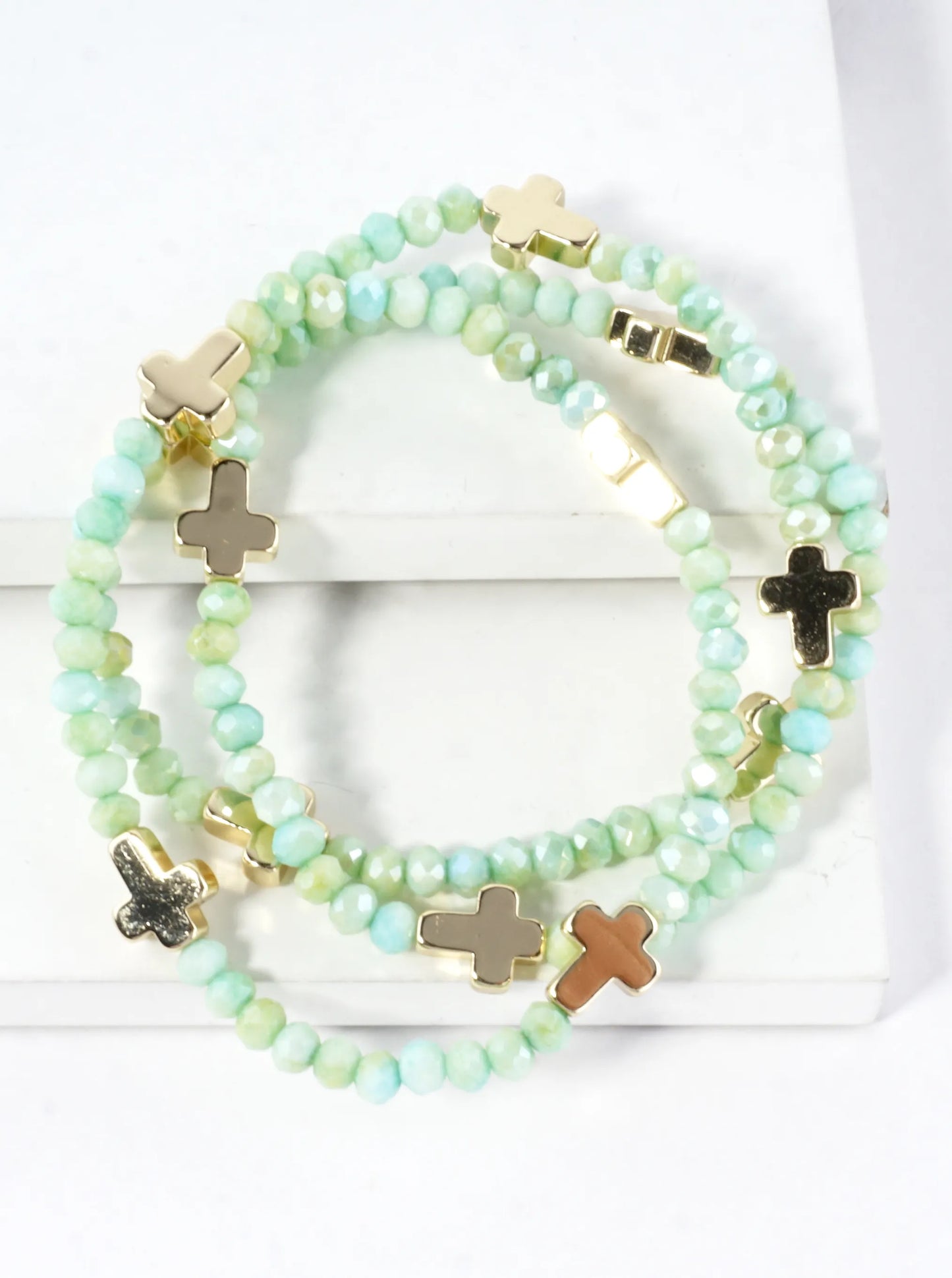 3-PC Set Glass Religious Cross Stretch Bracelets