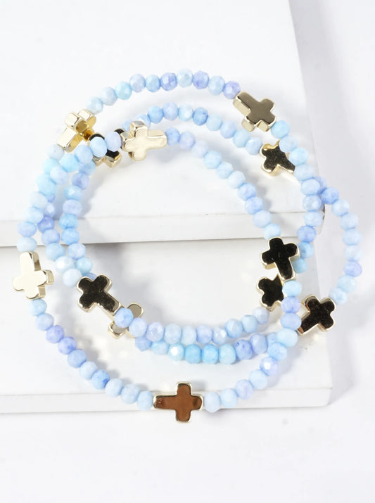 3-PC Set Glass Religious Cross Stretch Bracelets