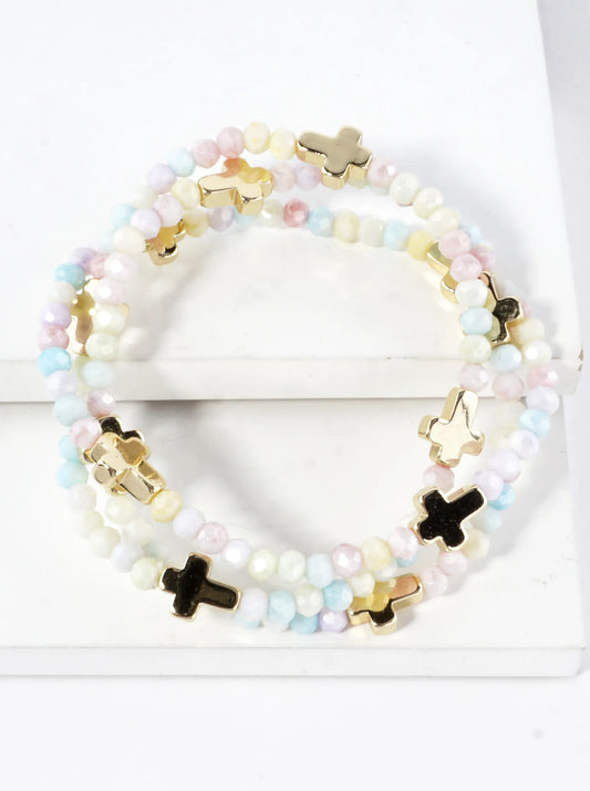 3-PC Set Glass Religious Cross Stretch Bracelets