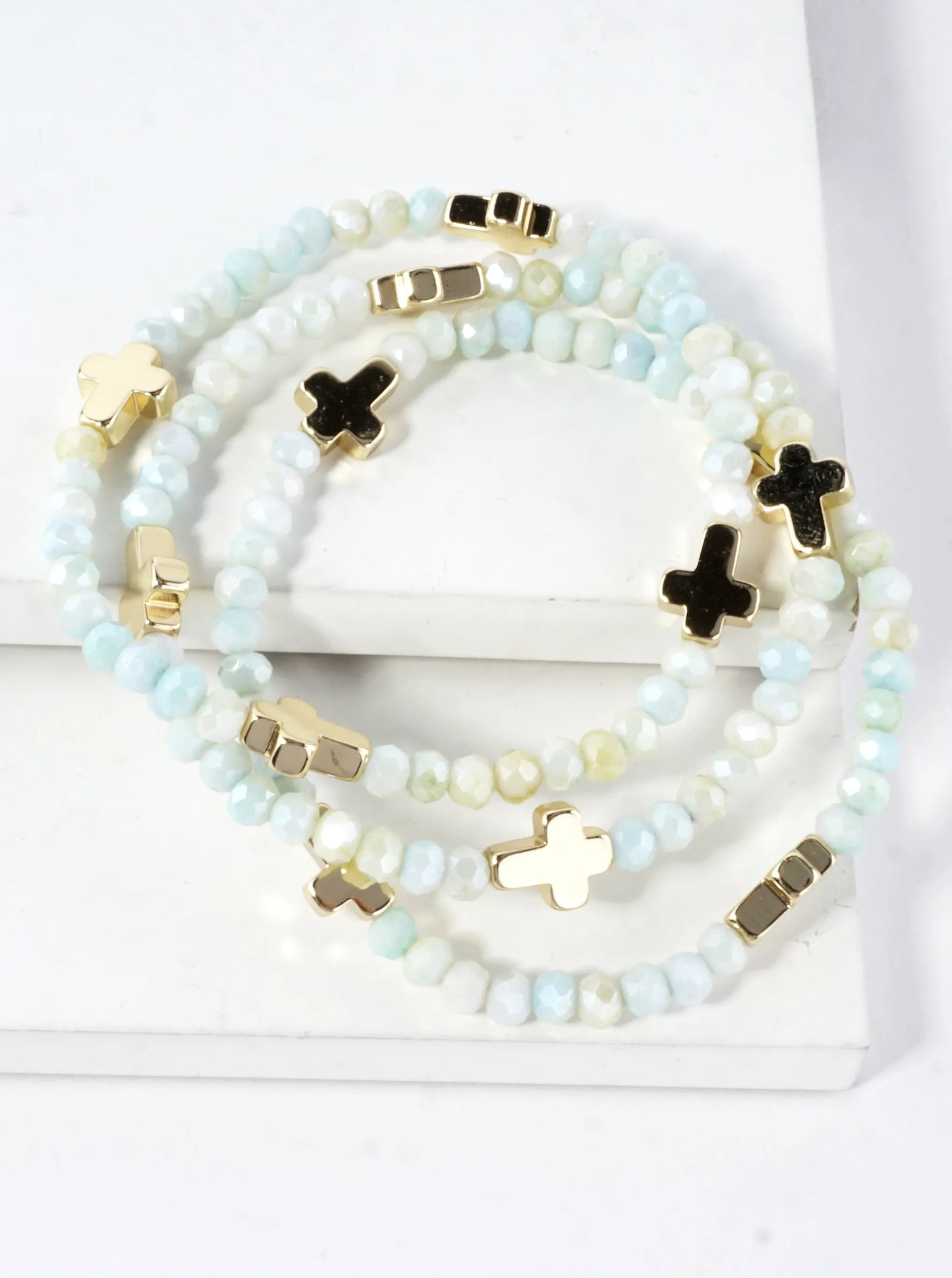 3-PC Set Glass Religious Cross Stretch Bracelets