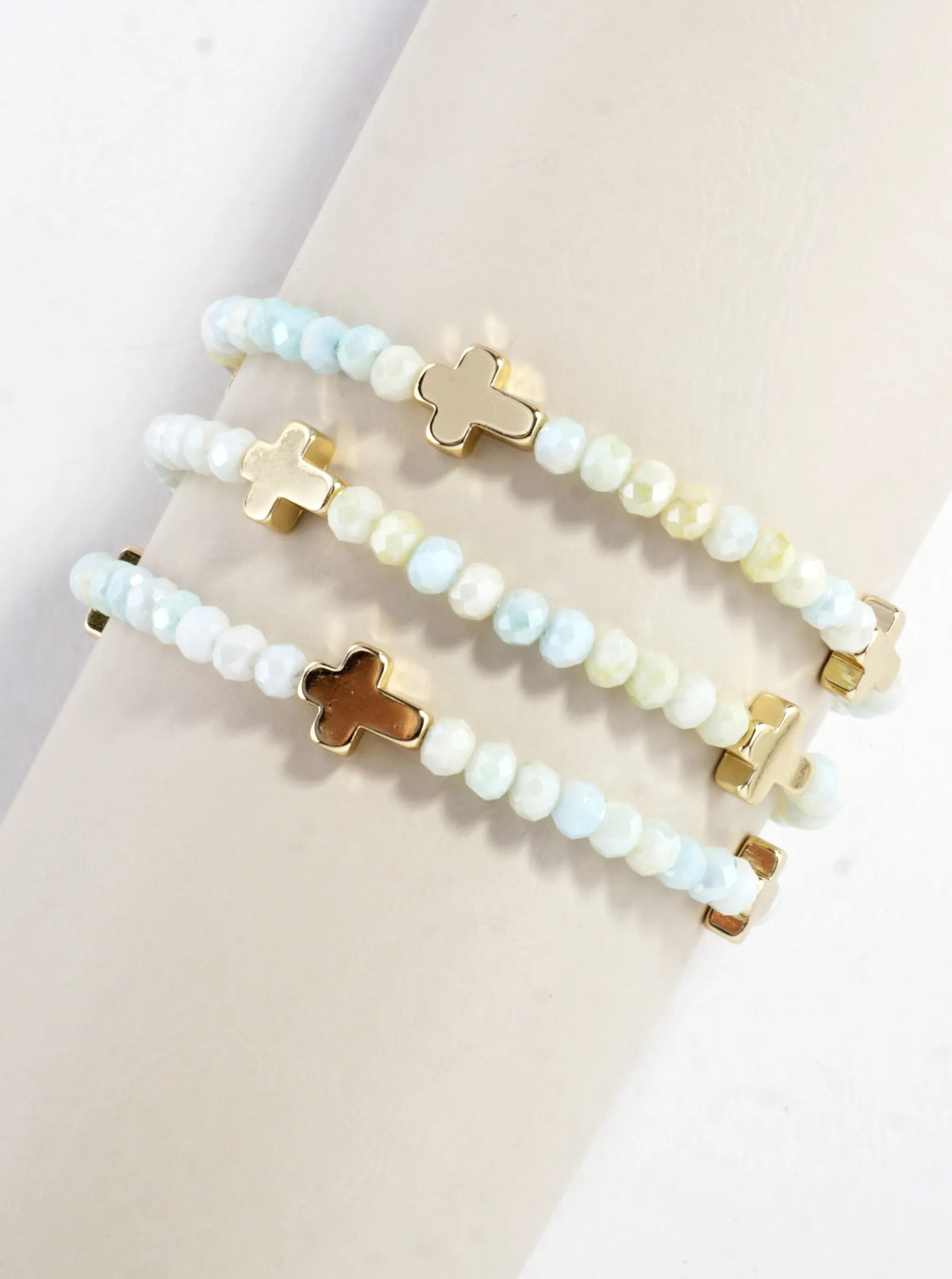 3-PC Set Glass Religious Cross Stretch Bracelets