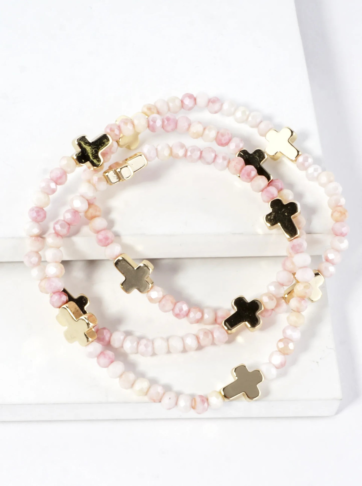 3-PC Set Glass Religious Cross Stretch Bracelets