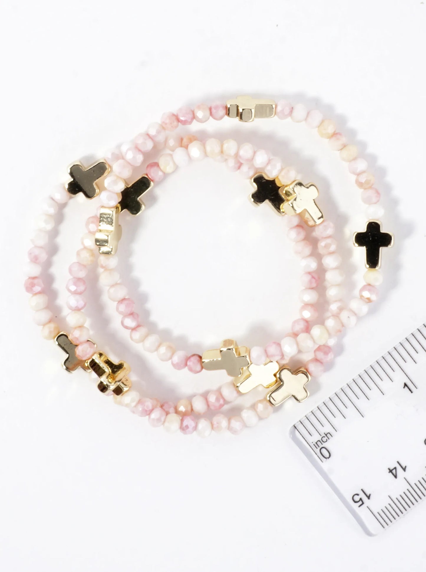 3-PC Set Glass Religious Cross Stretch Bracelets