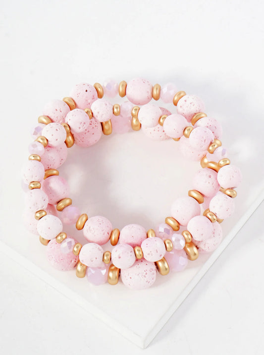 3-PC-Set Glass And Lava Beaded Stackable Stretch Bracelet