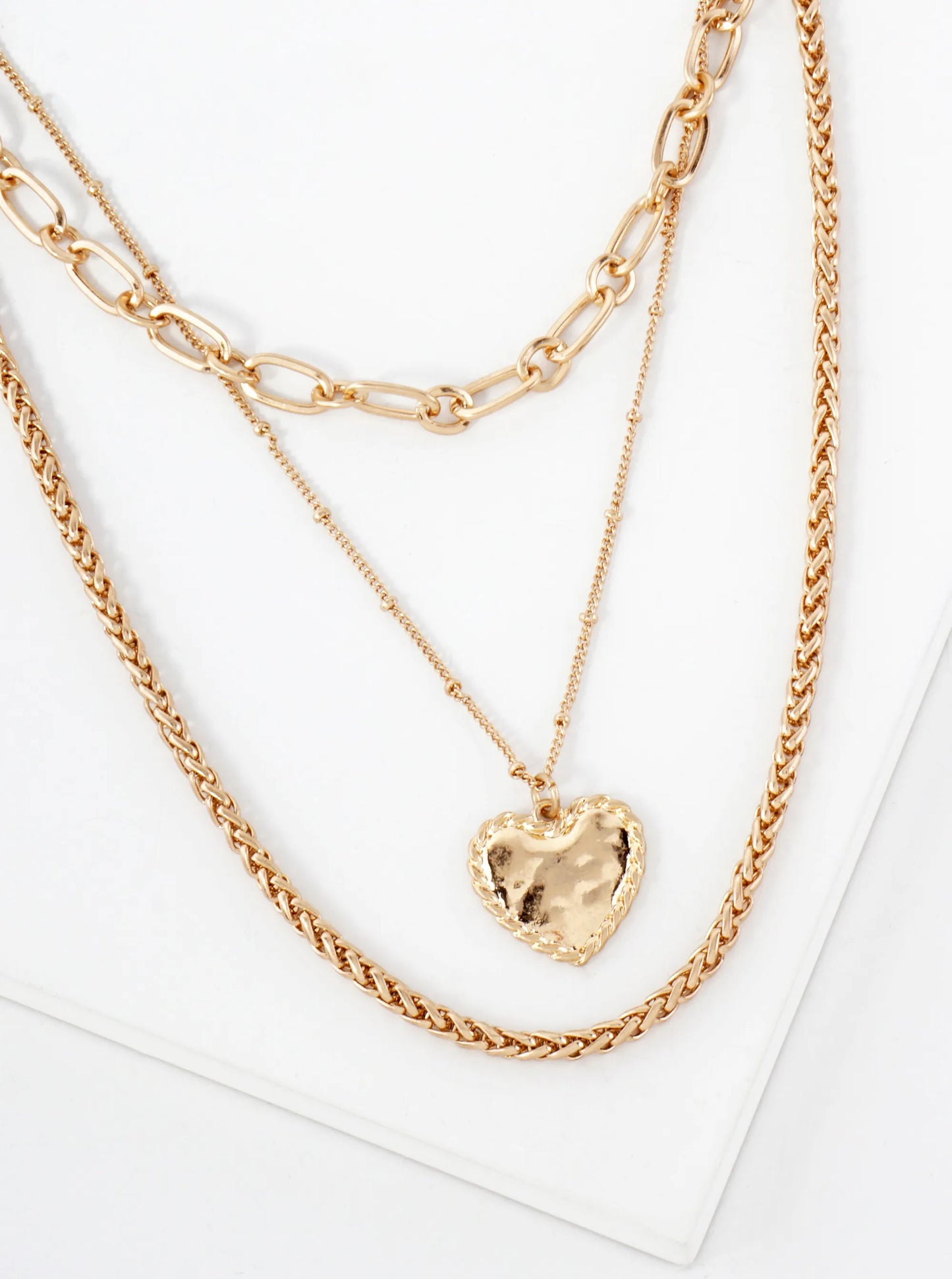 3-PC-Set Hammered-Texture Heart Pendant Layered Necklace