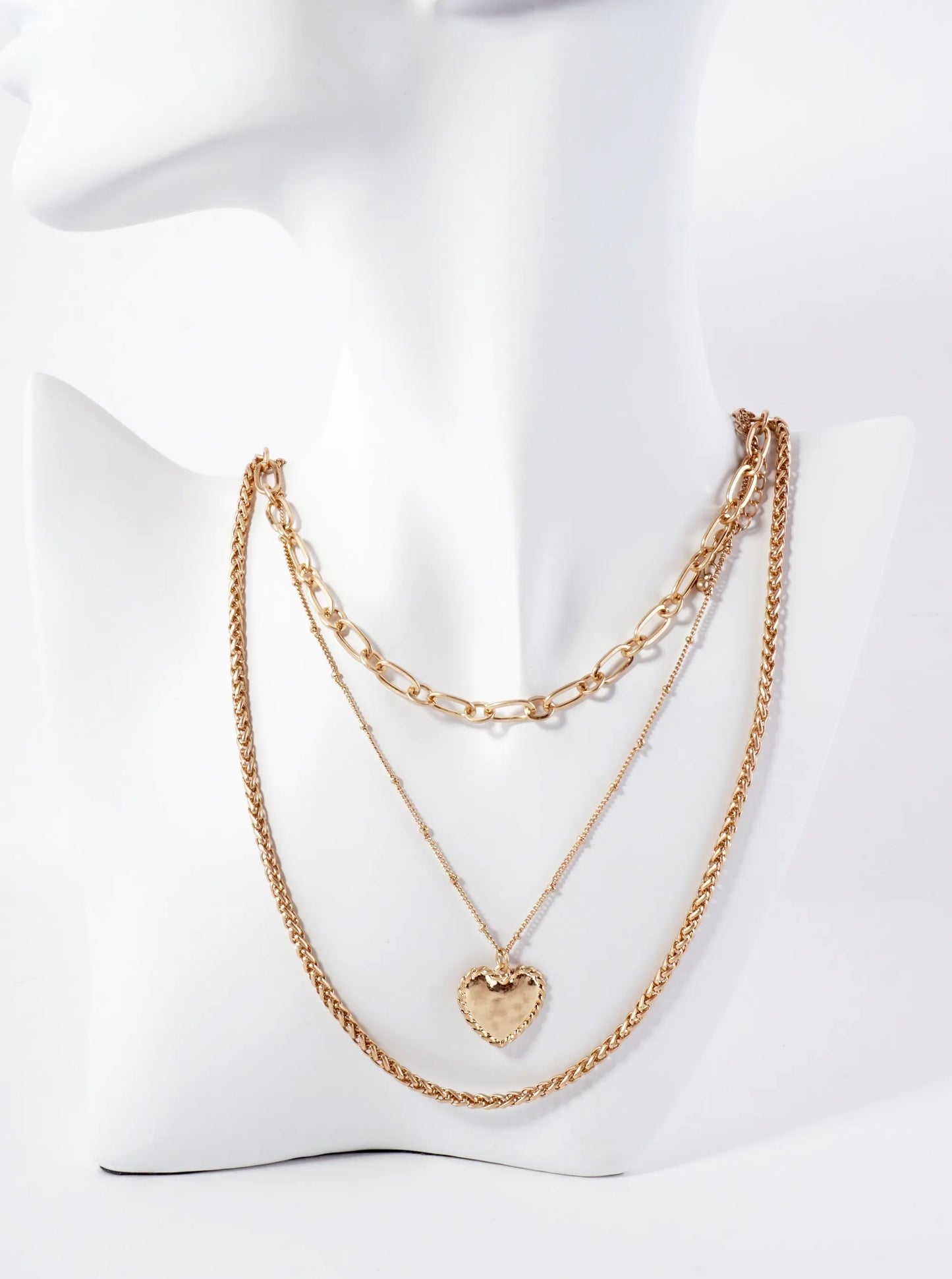 3-PC-Set Hammered-Texture Heart Pendant Layered Necklace