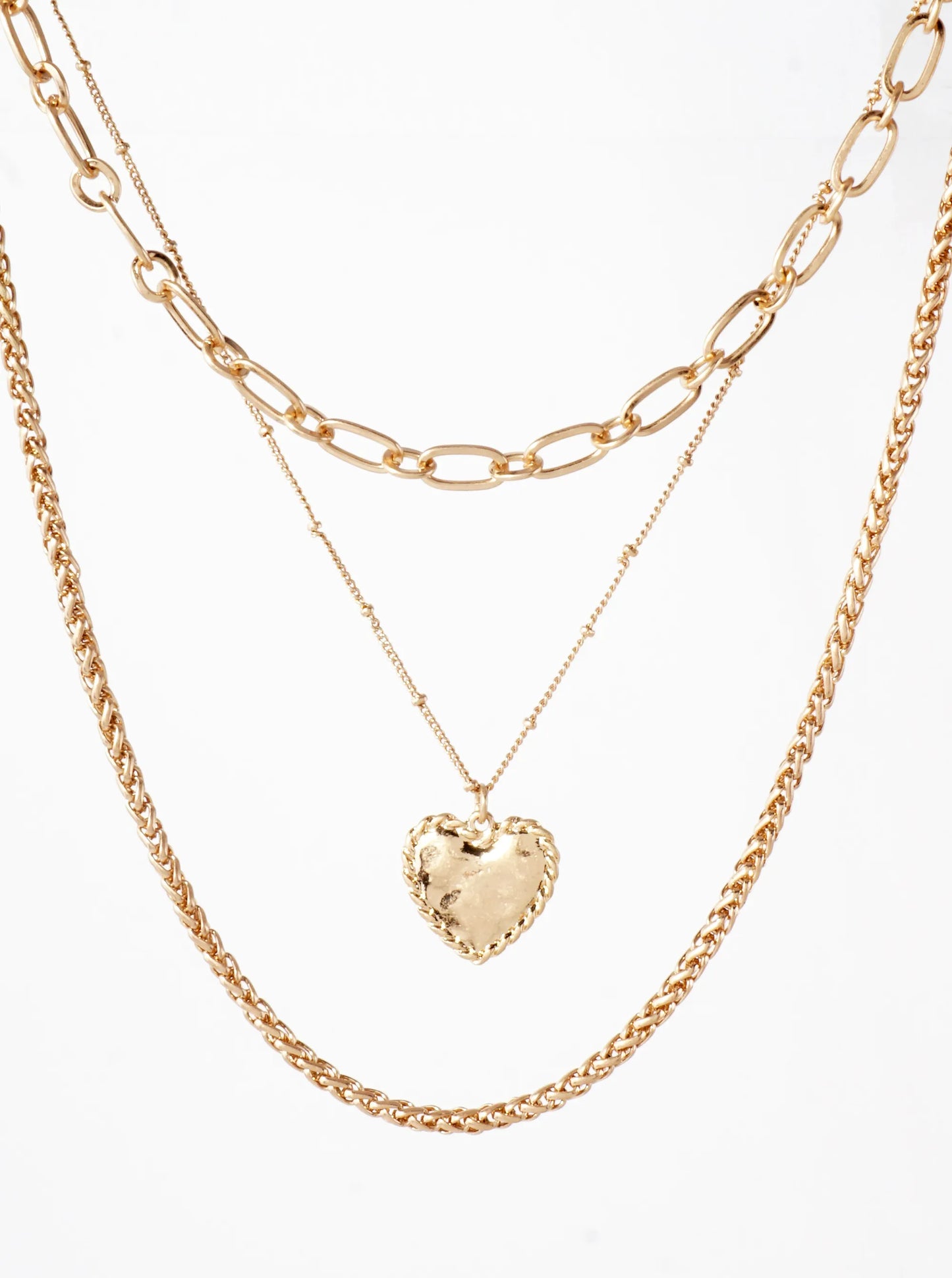 3-PC-Set Hammered-Texture Heart Pendant Layered Necklace
