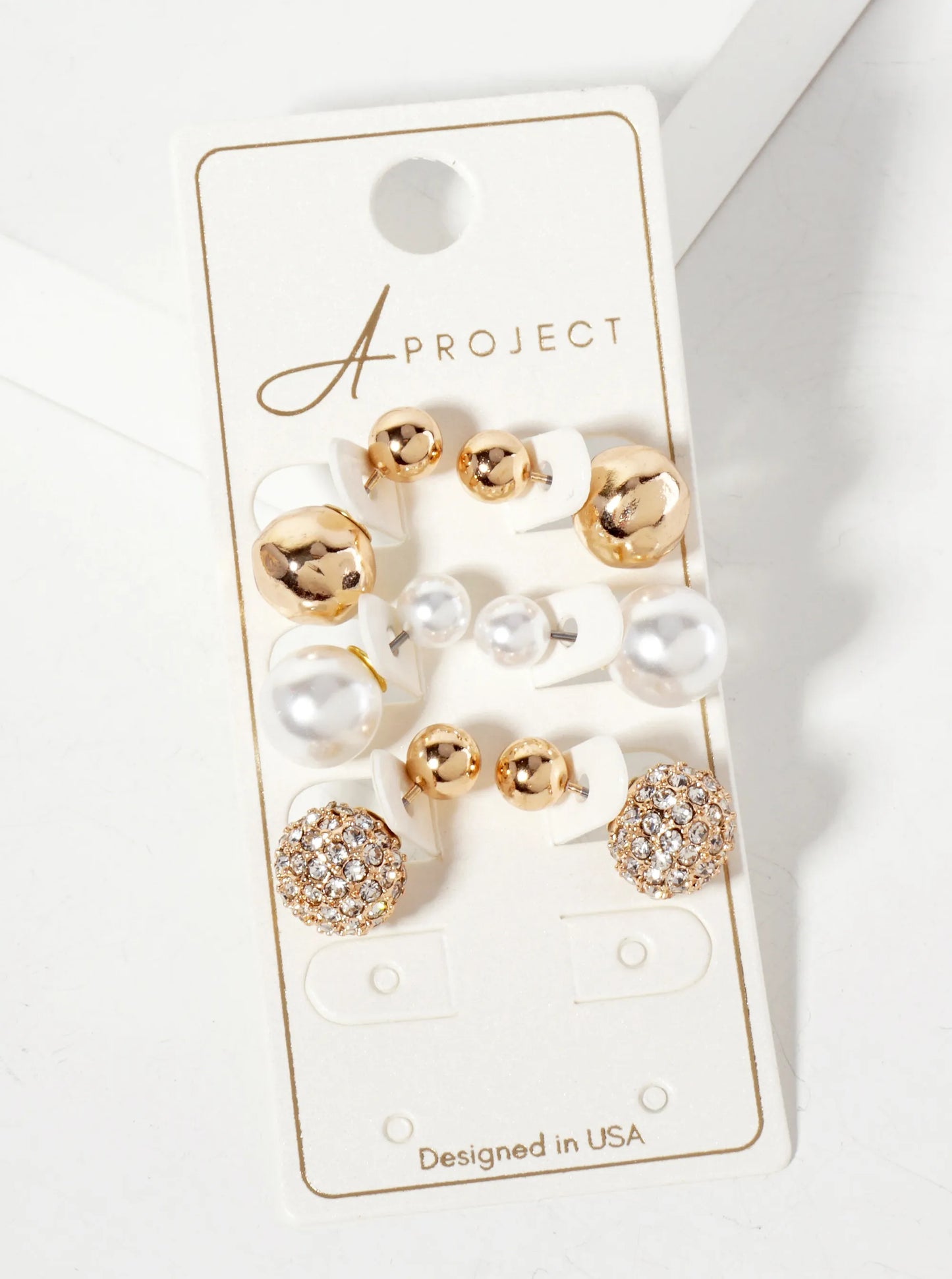 3-PC-Set Hammered-Texture Pearl Crystal-Pave Reversible Front-Back Earrings