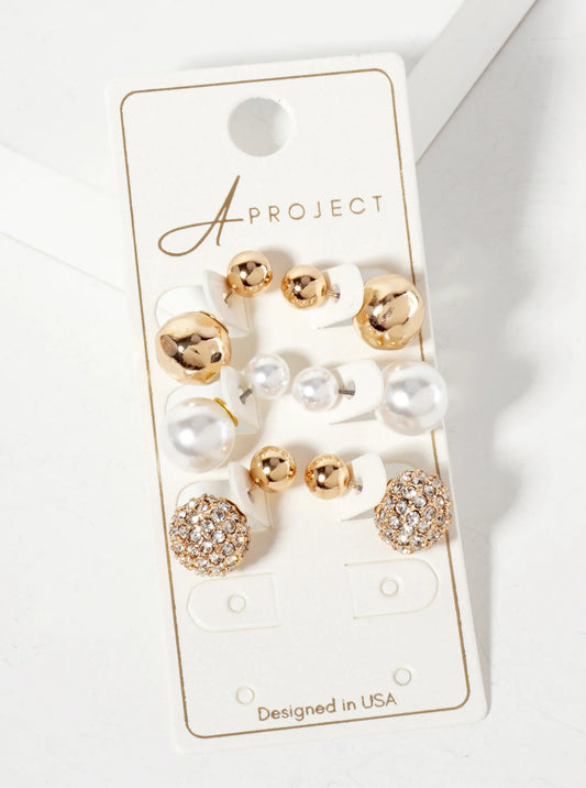 3-PC-Set Hammered-Texture Pearl Crystal-Pave Reversible Front-Back Earrings