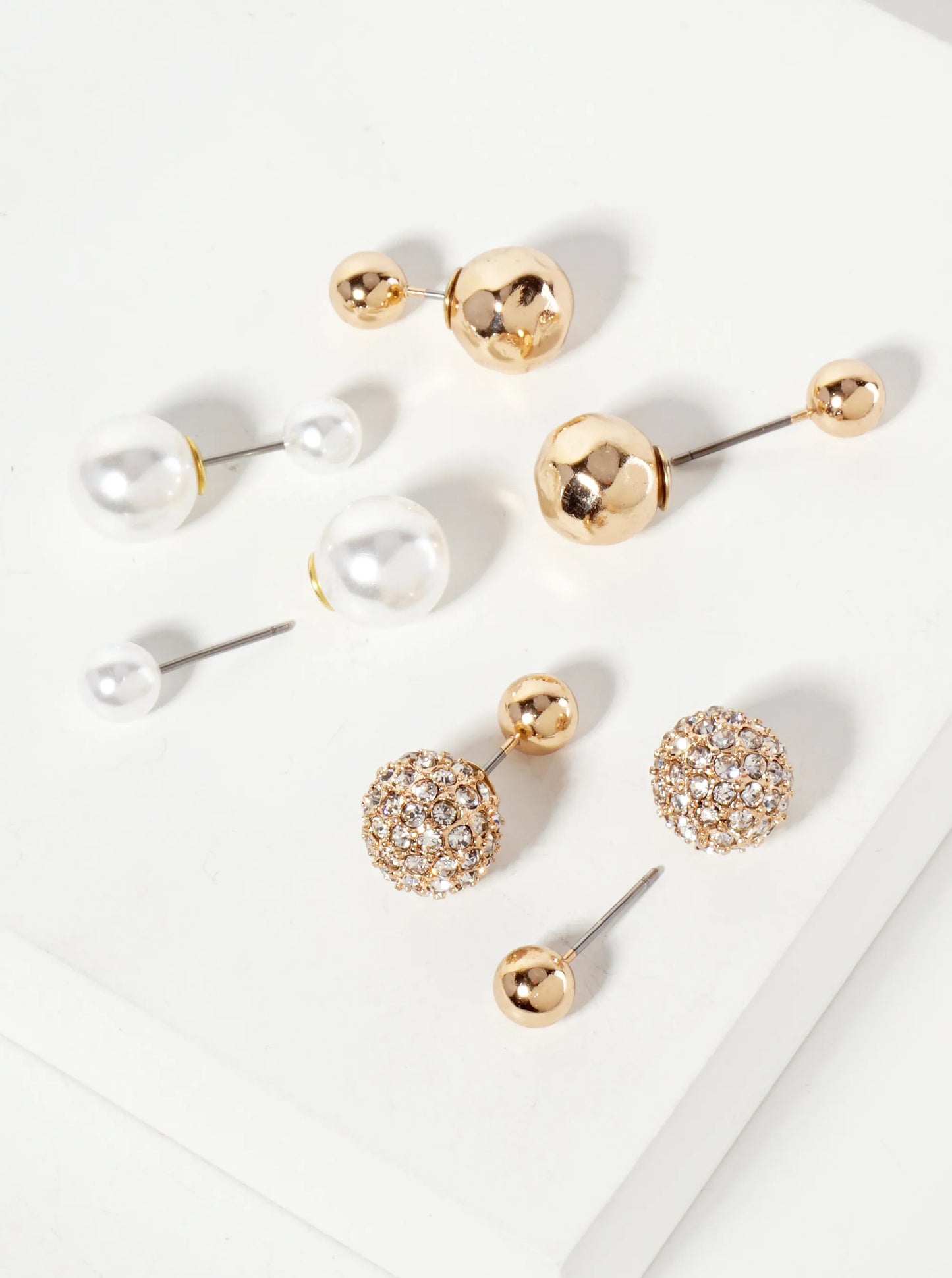 3-PC-Set Hammered-Texture Pearl Crystal-Pave Reversible Front-Back Earrings