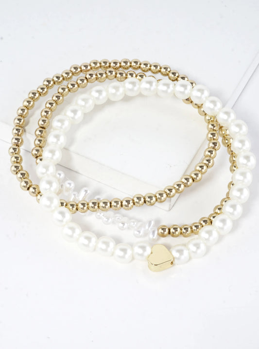 3 PC Set Heart And Pearl Stretch Bracelets