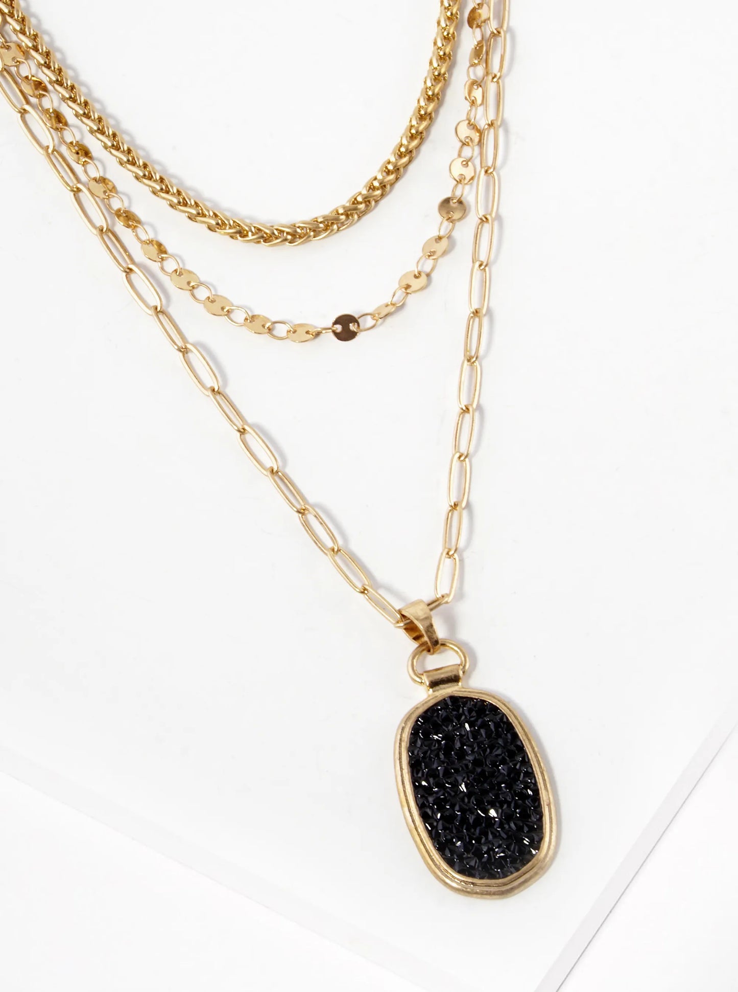 3-PC Set Irregular Stone Pave Oval Pendant Layered Necklace