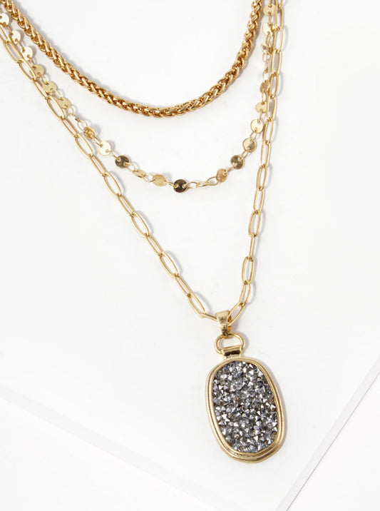 3-PC Set Irregular Stone Pave Oval Pendant Layered Necklace