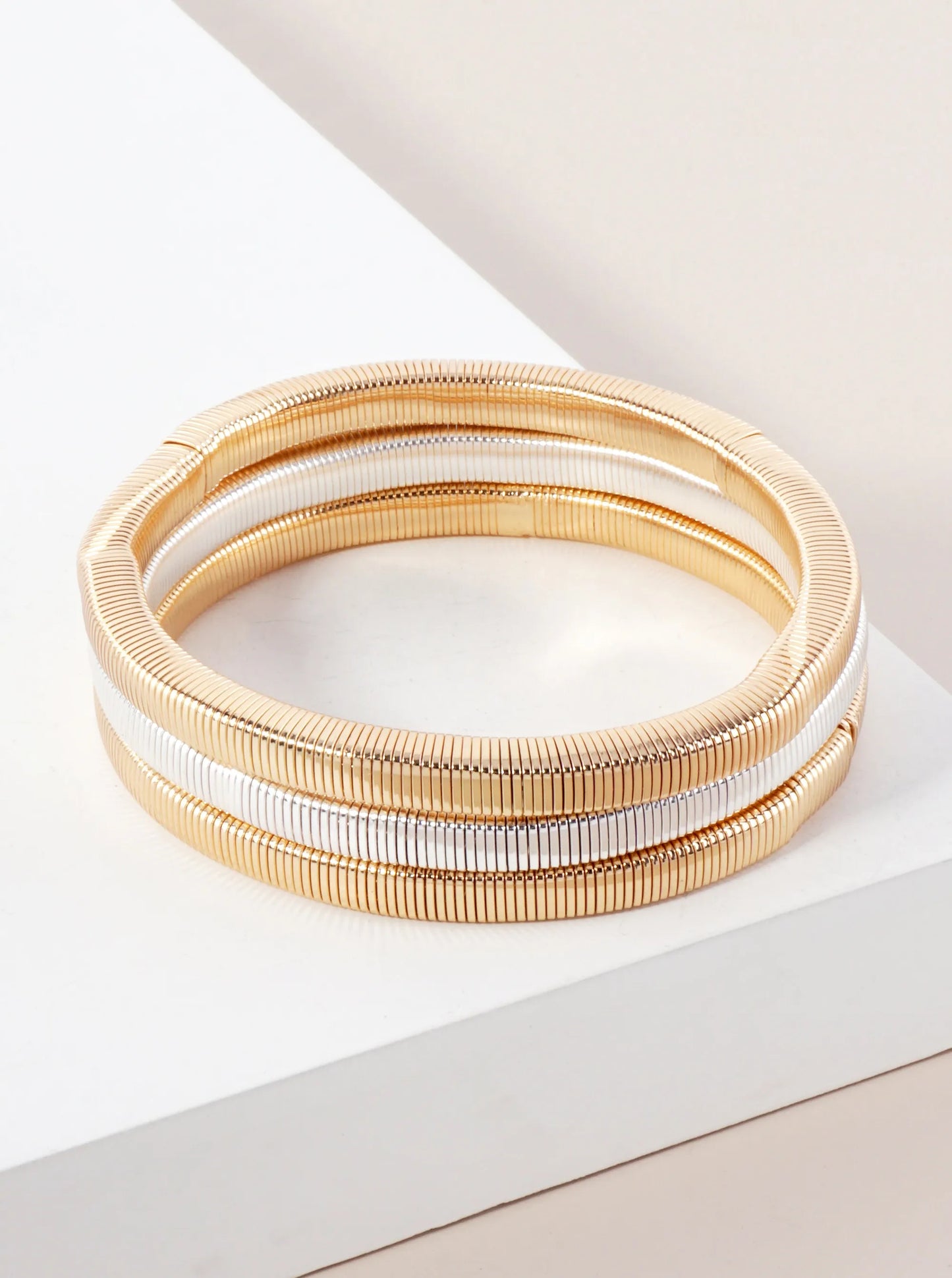 3-PC-Set Layered Metal Stackable Stretch  Square-Coil Bracelet