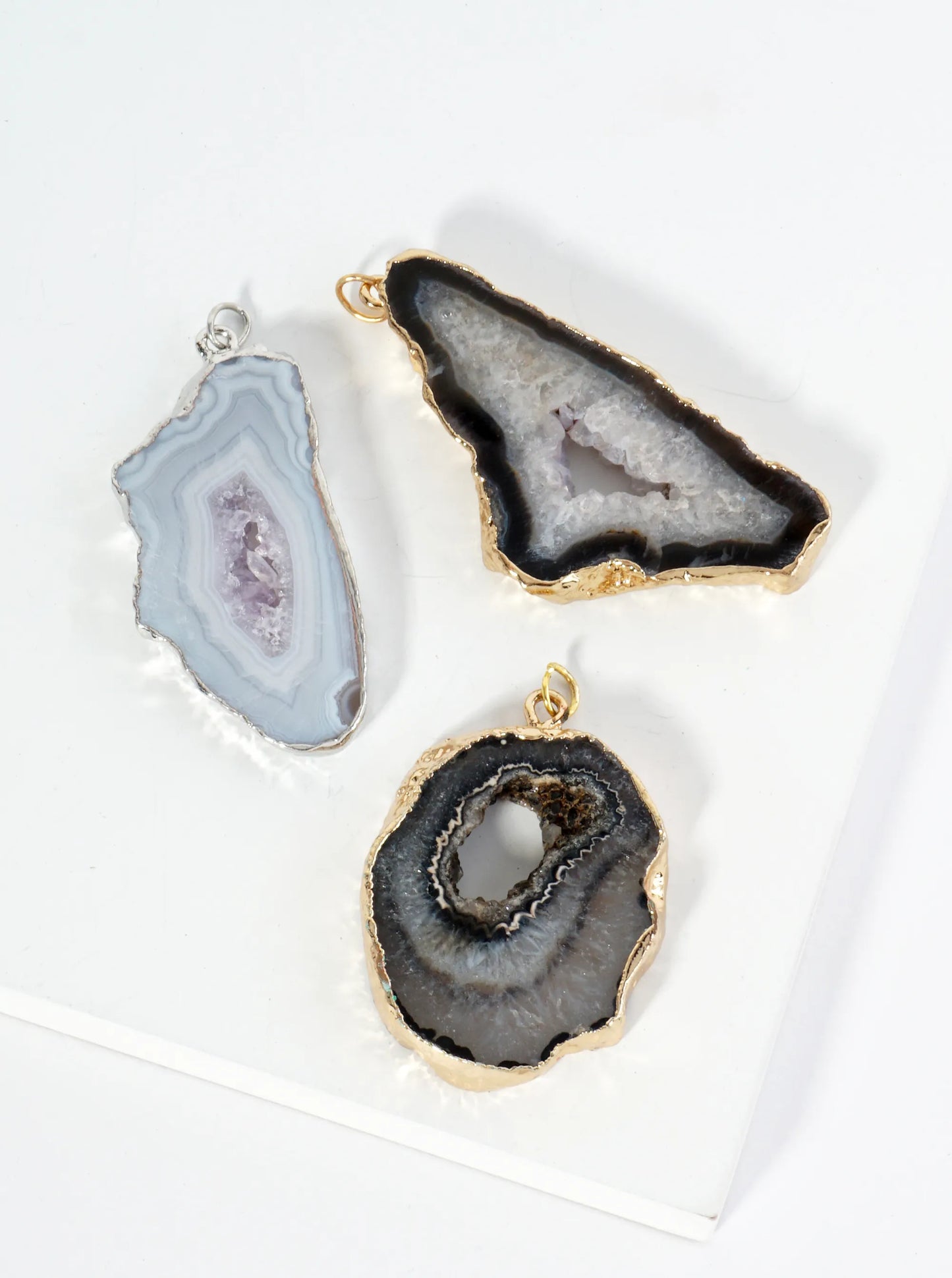 3-PC Set Natural Agate Geode Slice Pendants For DIY Jewelry Making