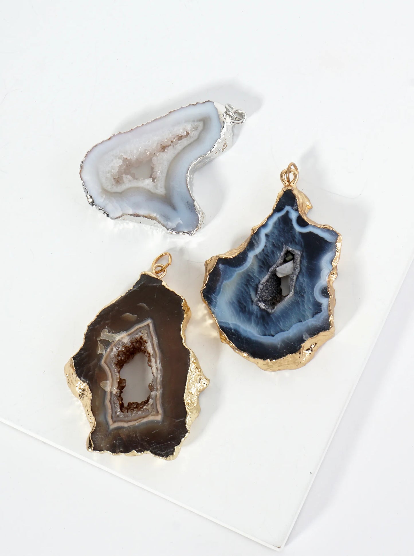 3-PC Set Natural Agate Geode Slice Pendants For DIY Jewelry Making