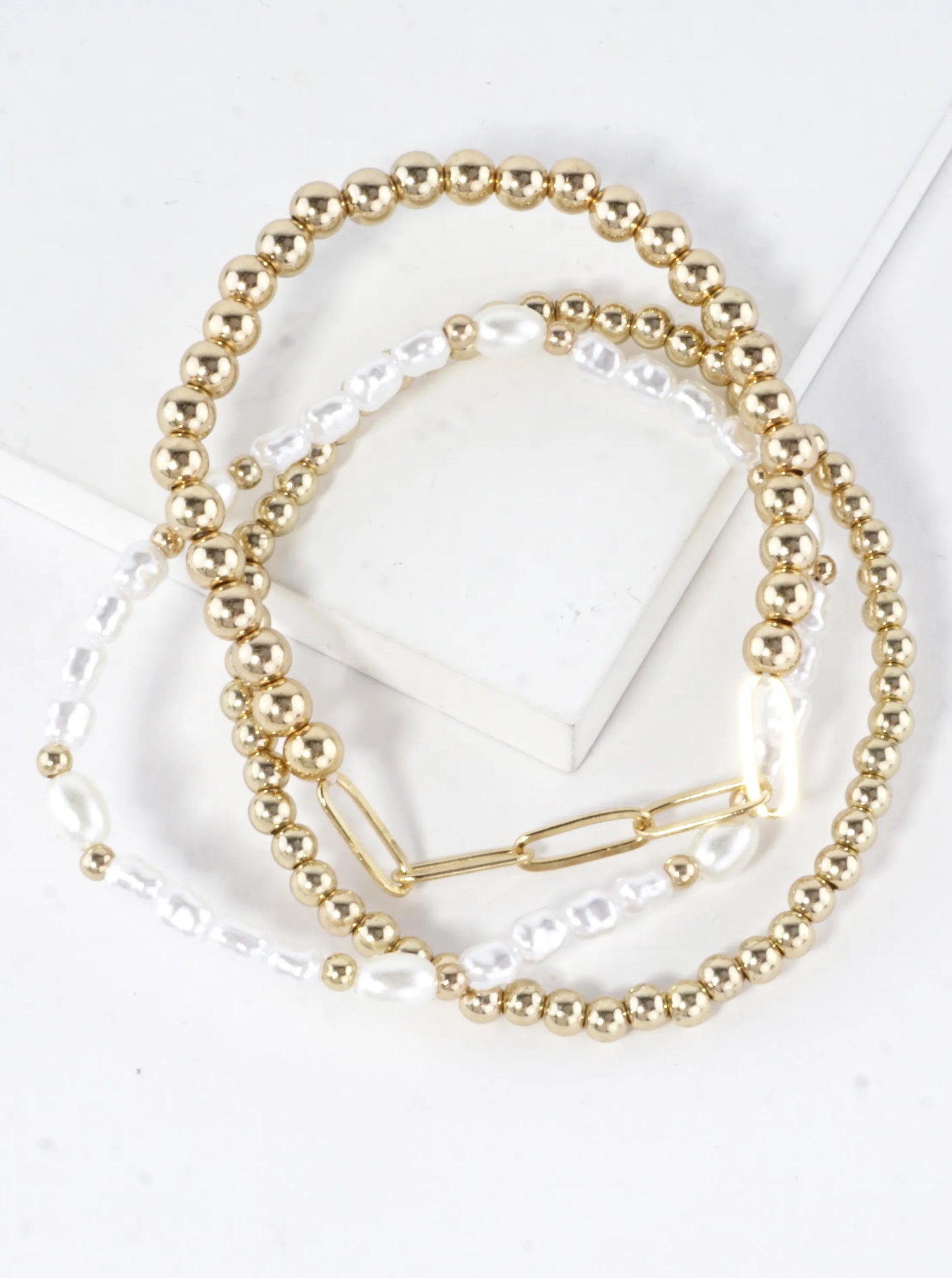 3 PC Set Paper Clip Chain Pearls Stretch Bracelets