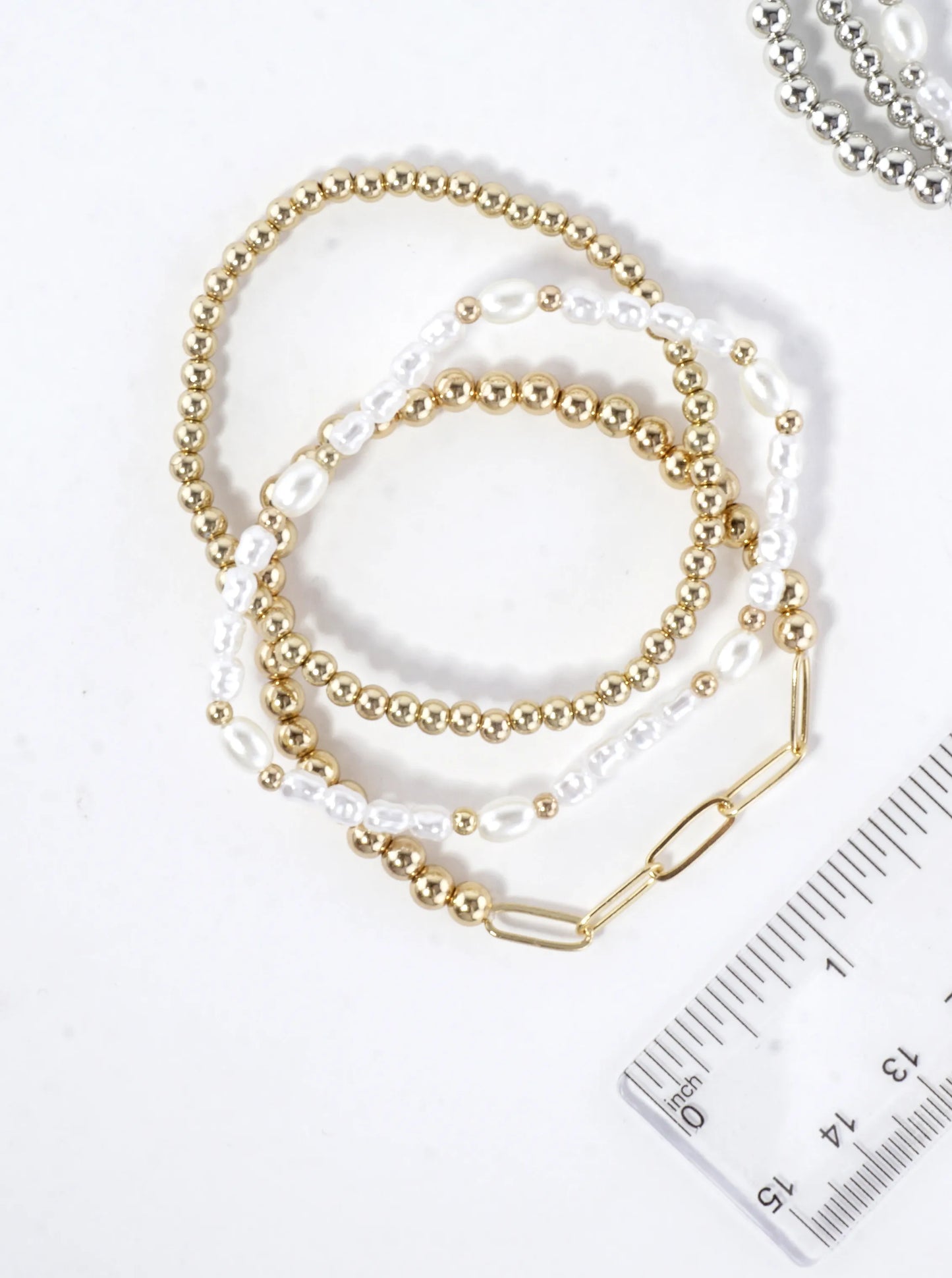 3 PC Set Paper Clip Chain Pearls Stretch Bracelets