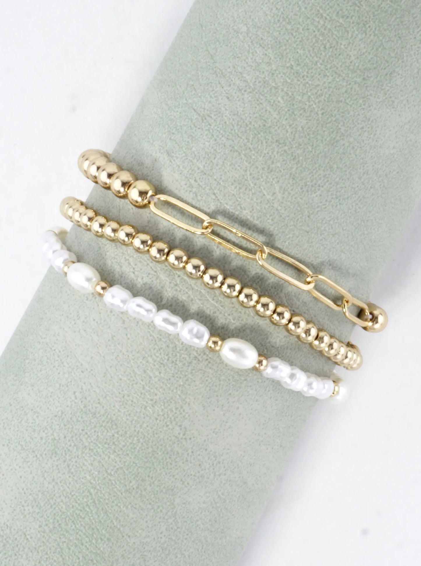 3 PC Set Paper Clip Chain Pearls Stretch Bracelets