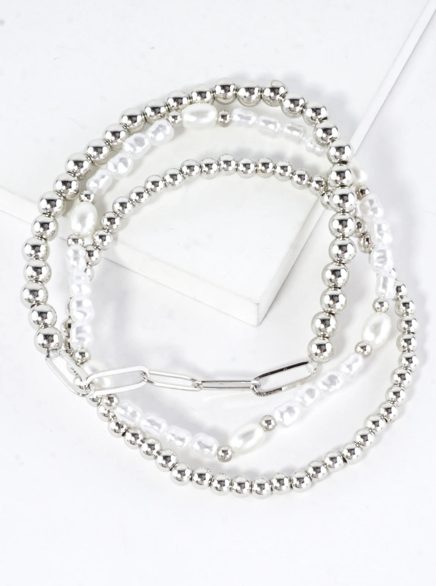 3 PC Set Paper Clip Chain Pearls Stretch Bracelets