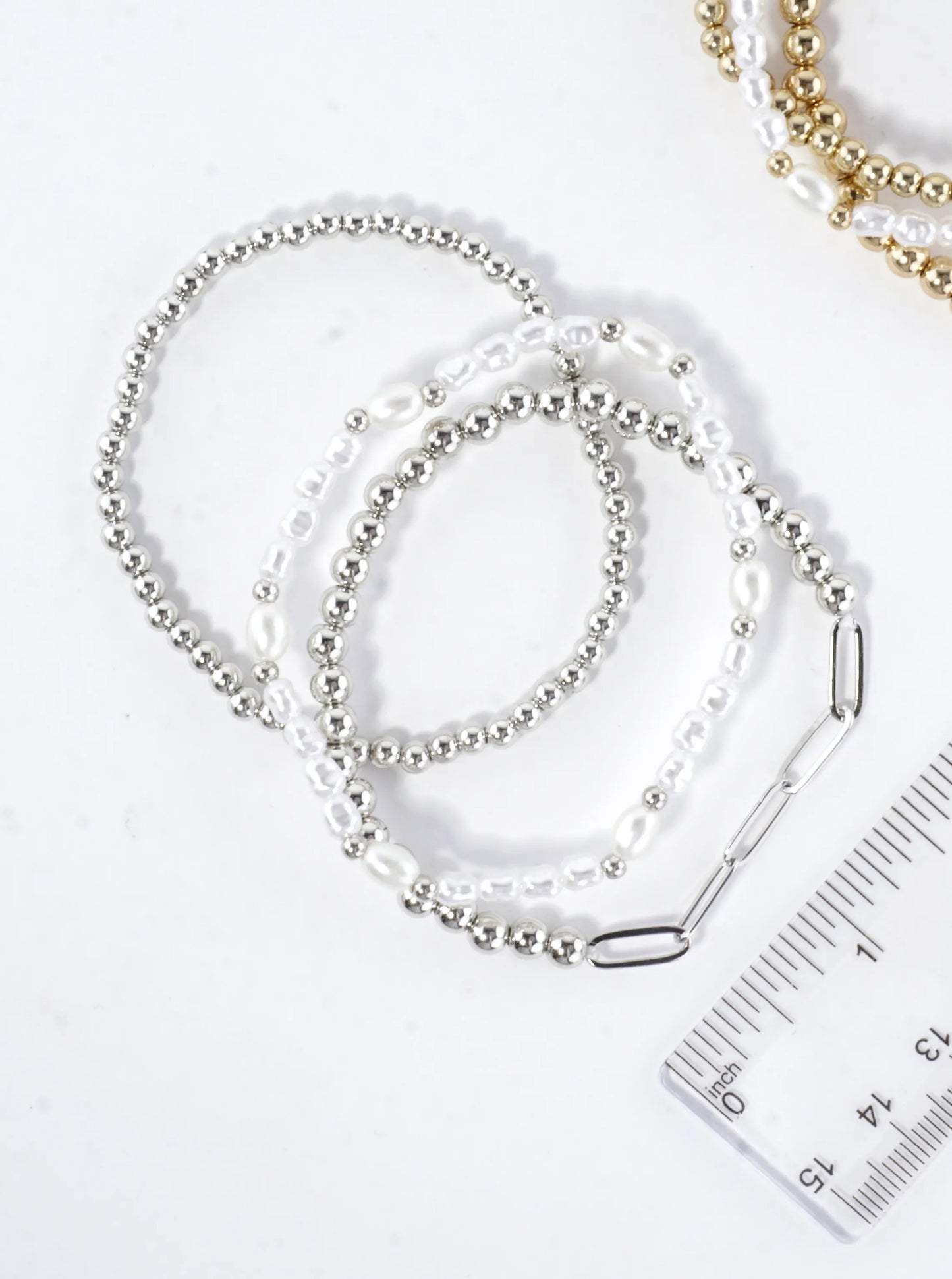 3 PC Set Paper Clip Chain Pearls Stretch Bracelets
