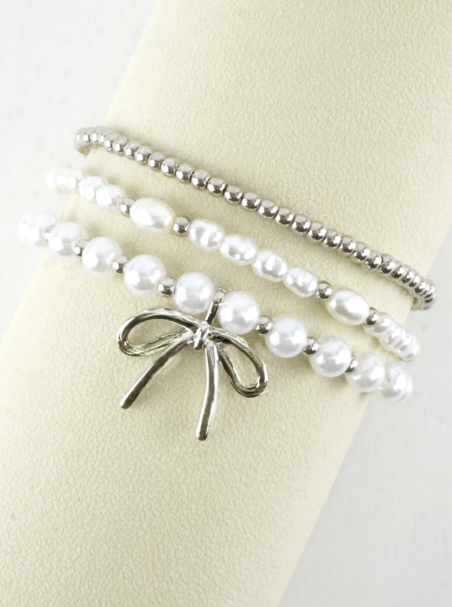 3 PC Set Pearl Ribbon Charm Bracelets