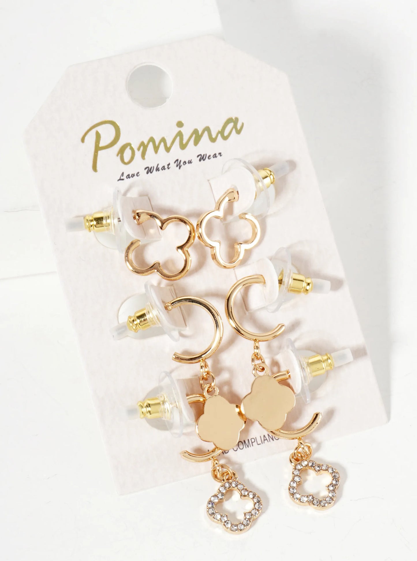 3-PC-Set Polished Metal Quatrefoil 10mm Huggie Hoop Earrings