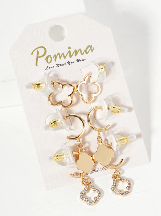 3-PC-Set Polished Metal Quatrefoil 10mm Huggie Hoop Earrings