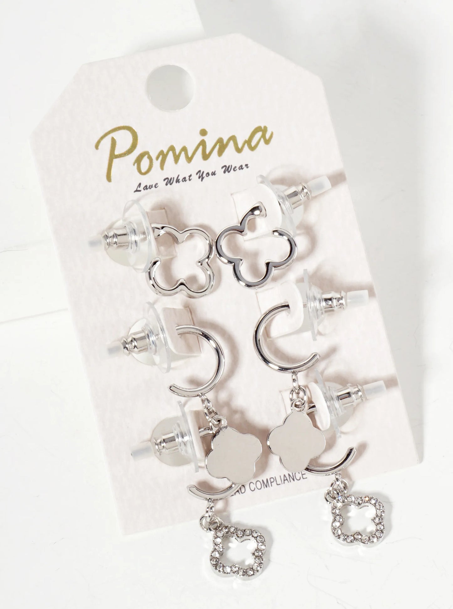 3-PC-Set Polished Metal Quatrefoil 10mm Huggie Hoop Earrings