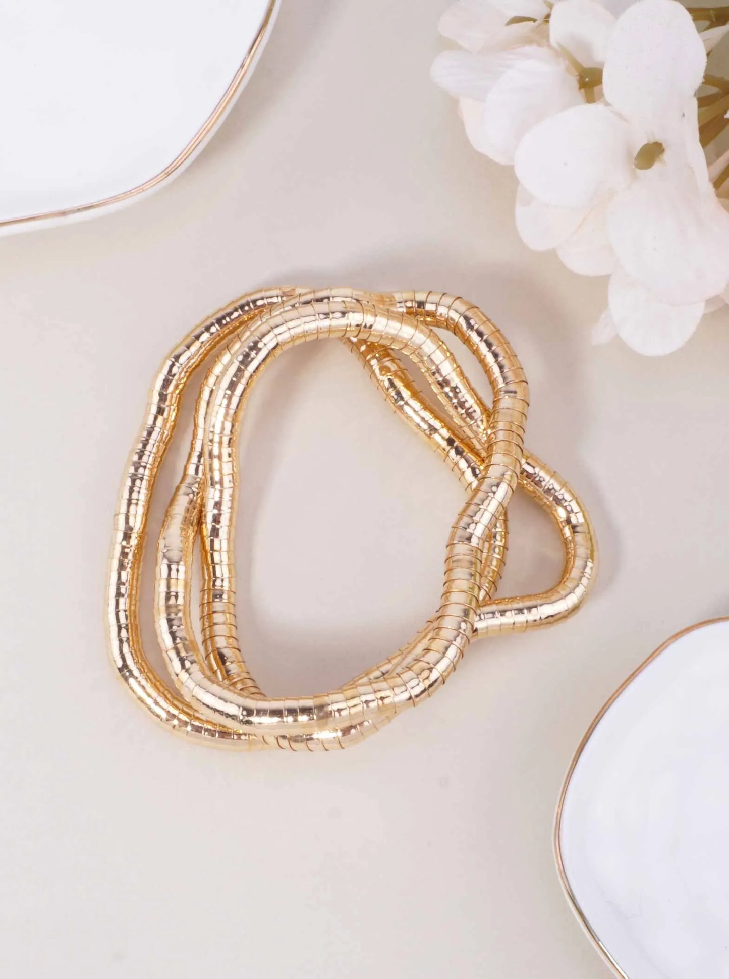 3-PC Set Round Ribbed Steel Stretchable Bracelet