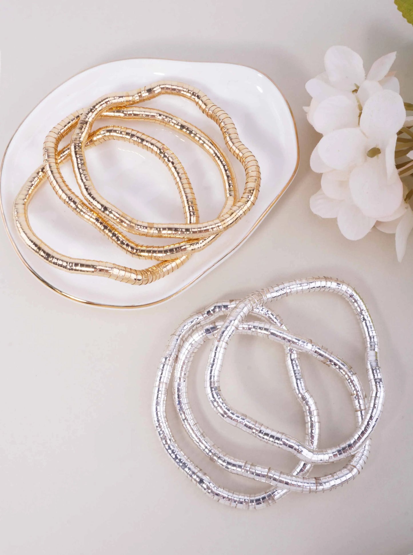3-PC Set Round Ribbed Steel Stretchable Bracelet