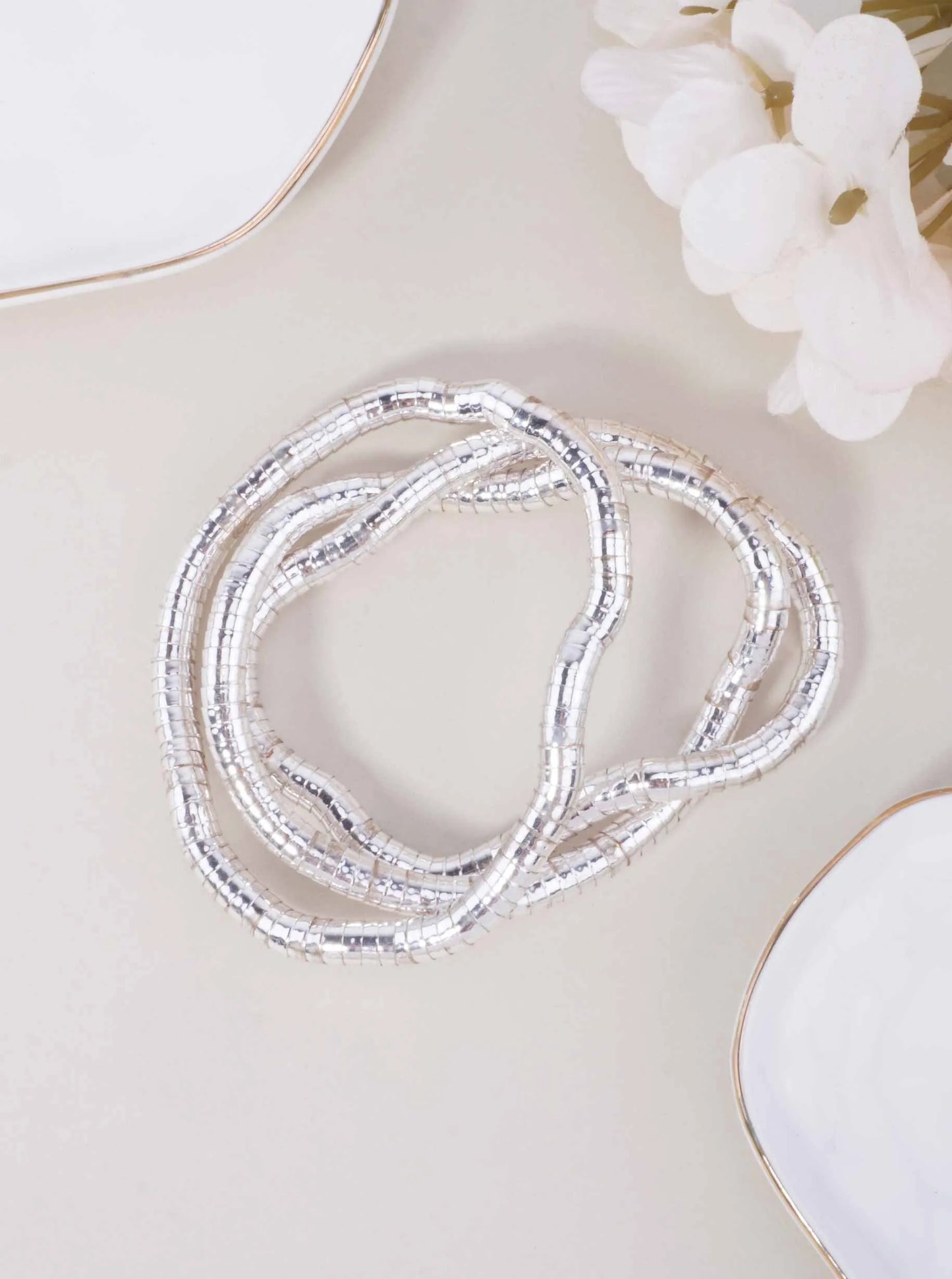 3-PC Set Round Ribbed Steel Stretchable Bracelet