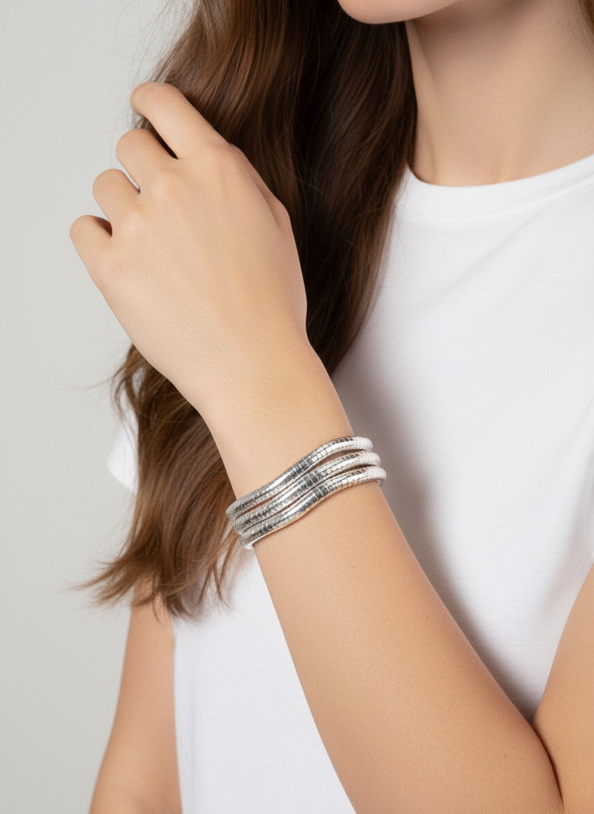 3-PC Set Round Ribbed Steel Stretchable Bracelet