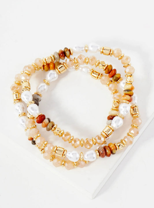 3-PC-Set Semi-Precious Natural-Stone Faceted Glass-Bead Pearl Beaded Stackable Stretch Bracelet