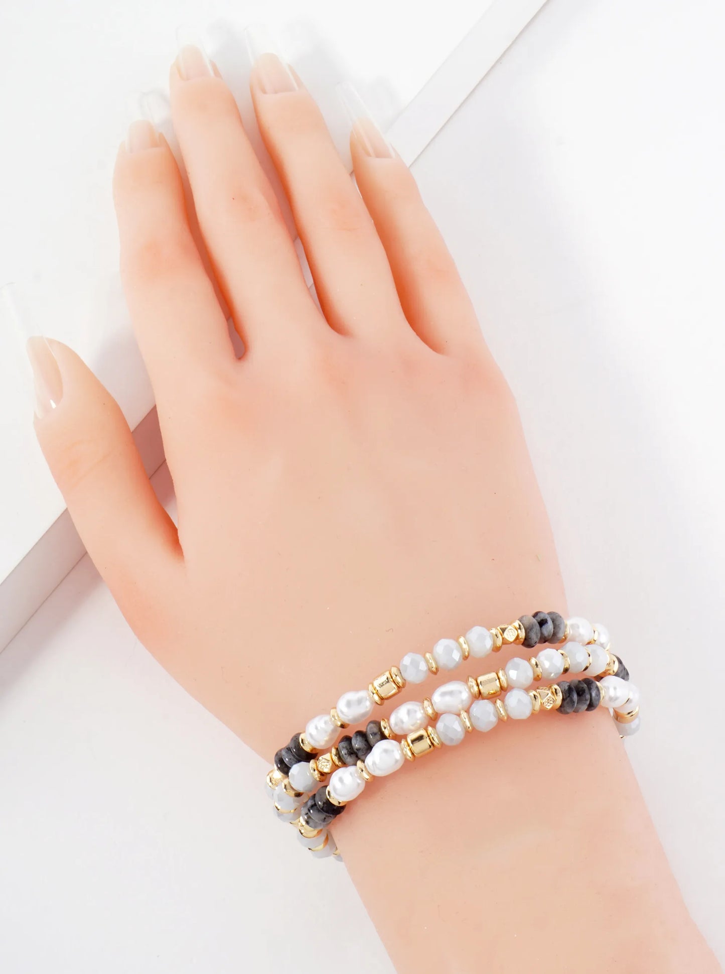 3-PC-Set Semi-Precious Natural-Stone Faceted Glass-Bead Pearl Beaded Stackable Stretch Bracelet