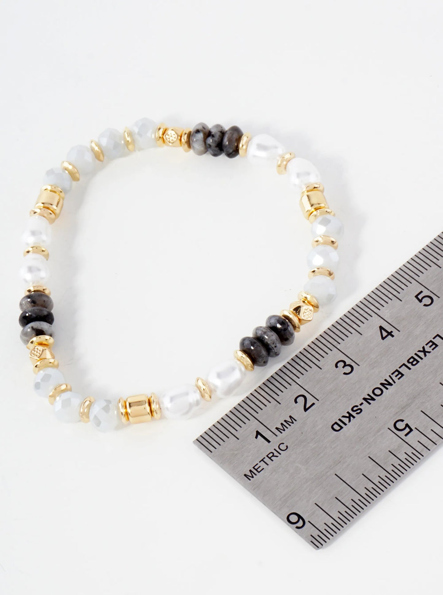 3-PC-Set Semi-Precious Natural-Stone Faceted Glass-Bead Pearl Beaded Stackable Stretch Bracelet