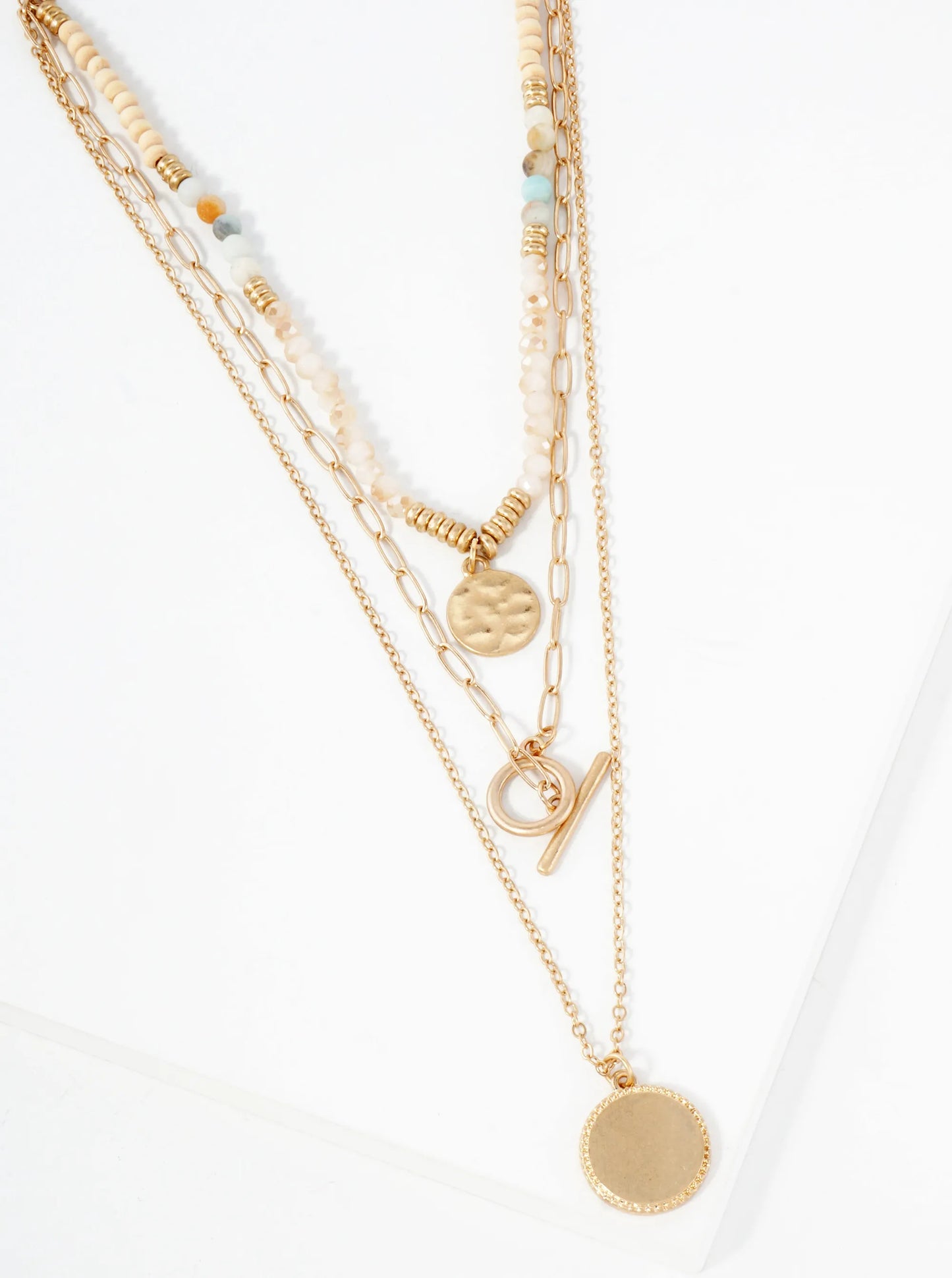 3-PC-Set Semi-Precious Natural-Stone Glass-Beaded Round Pendant Layered Necklace
