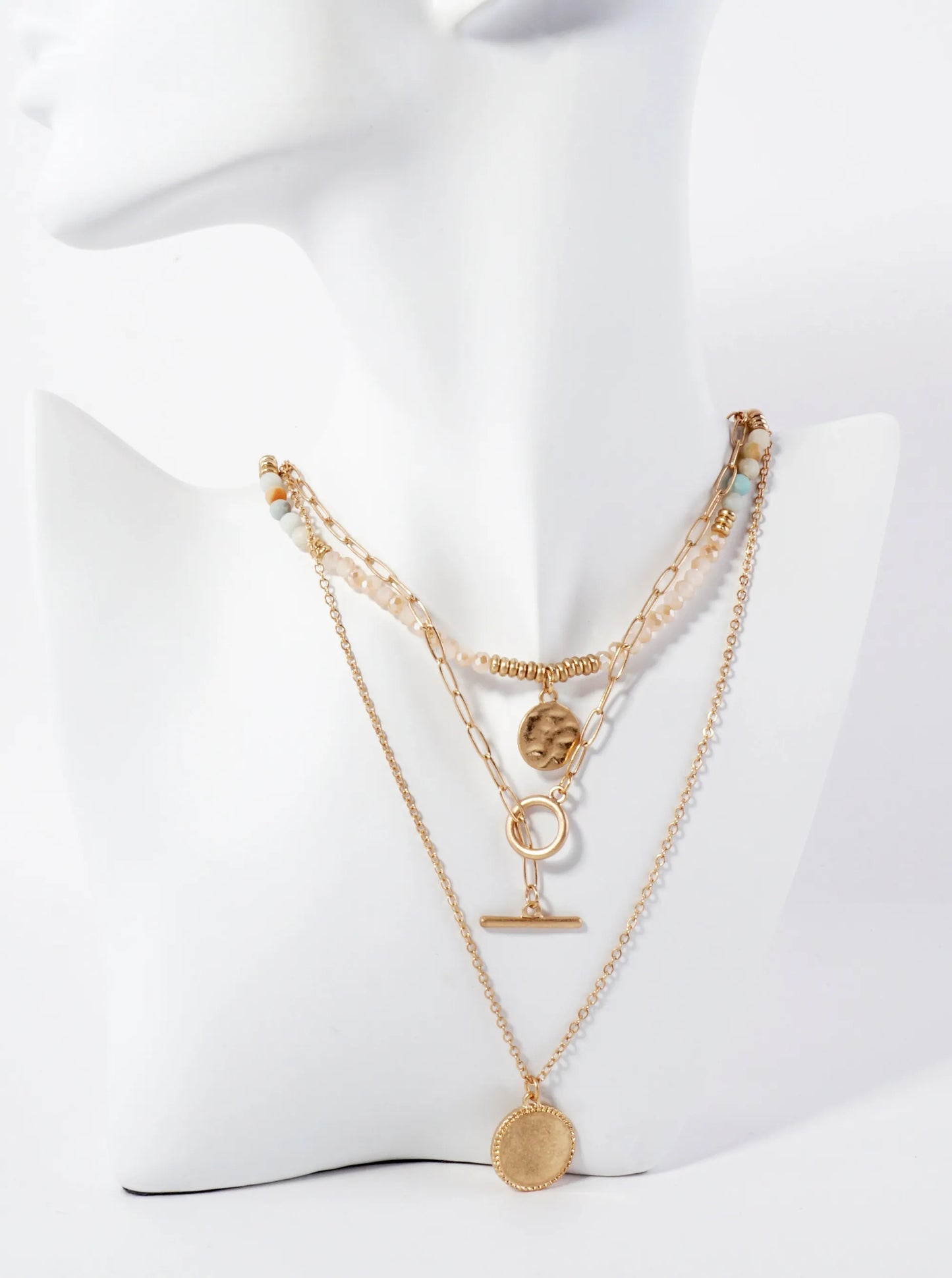 3-PC-Set Semi-Precious Natural-Stone Glass-Beaded Round Pendant Layered Necklace