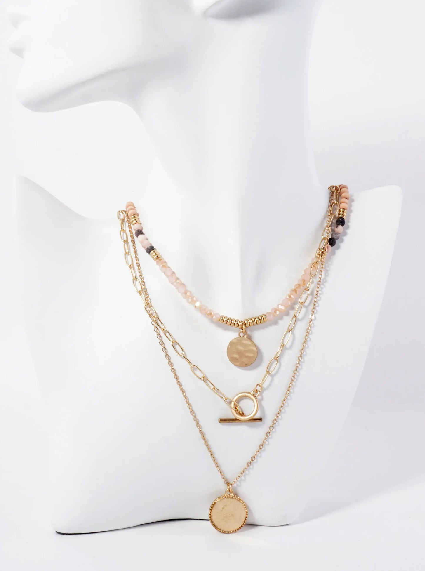 3-PC-Set Semi-Precious Natural-Stone Glass-Beaded Round Pendant Layered Necklace
