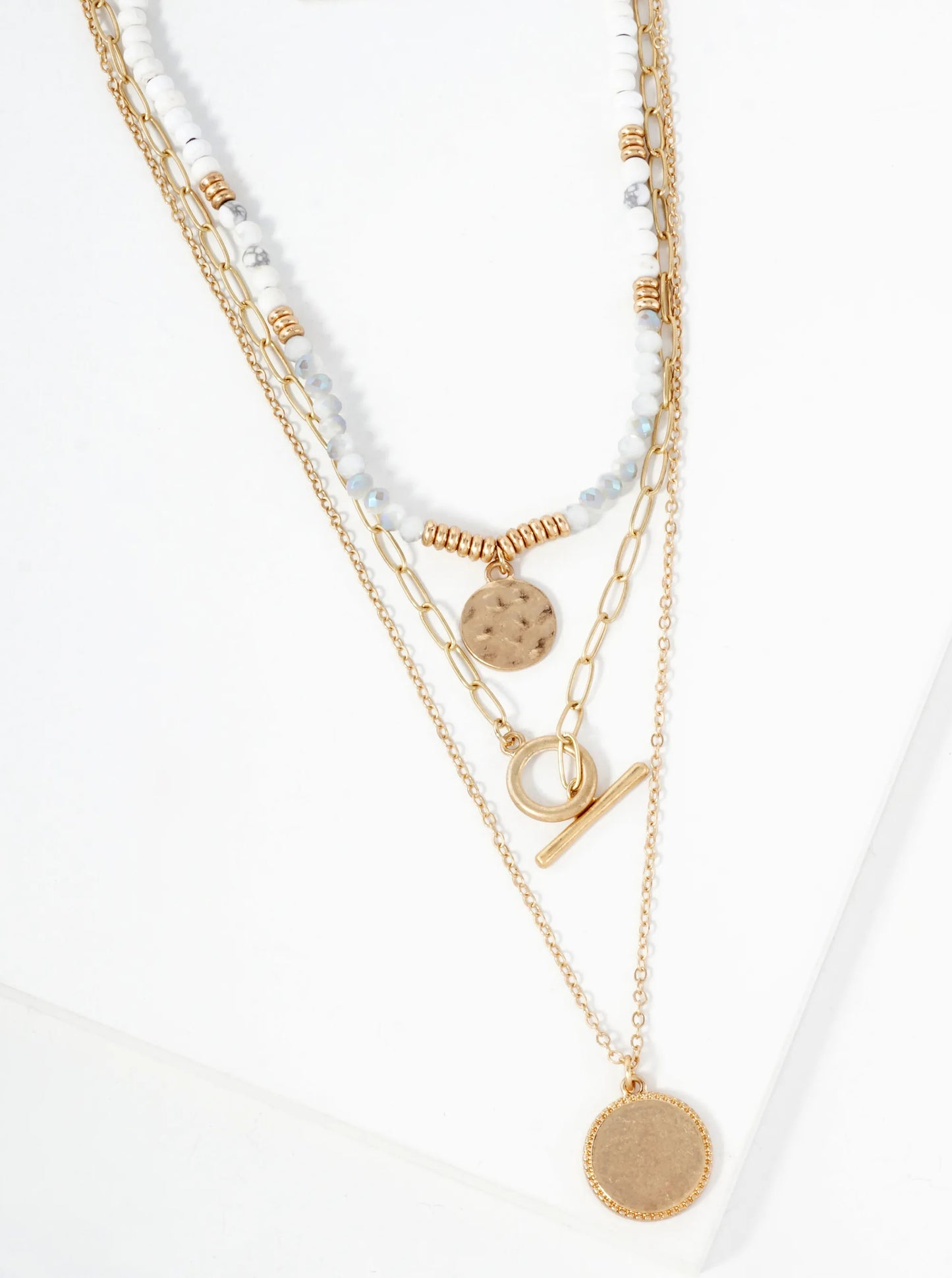 3-PC-Set Semi-Precious Natural-Stone Glass-Beaded Round Pendant Layered Necklace